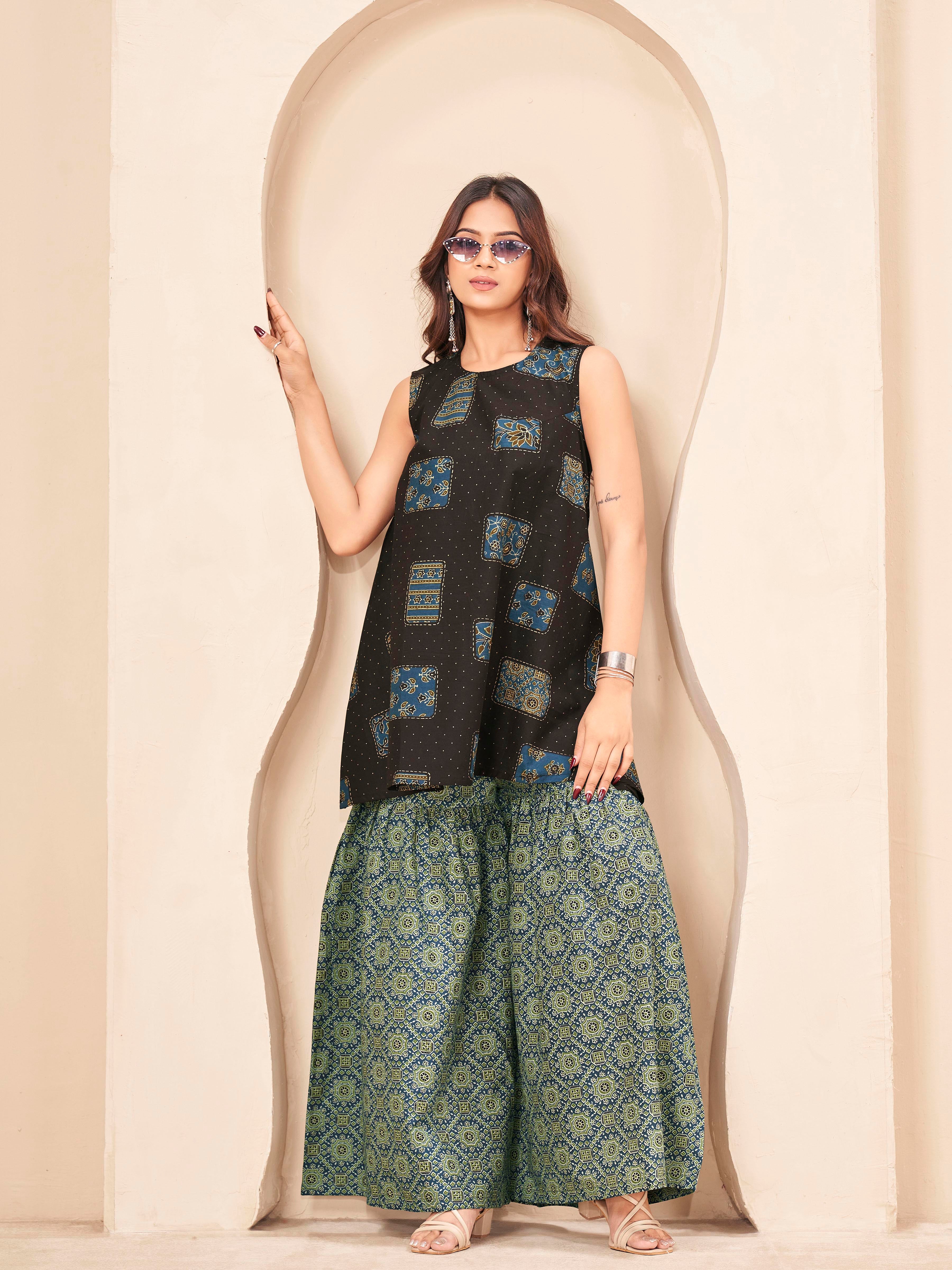 Coffee brown color pure cotton ethenic motif printed a-line tunic & ajrak sarara cordset