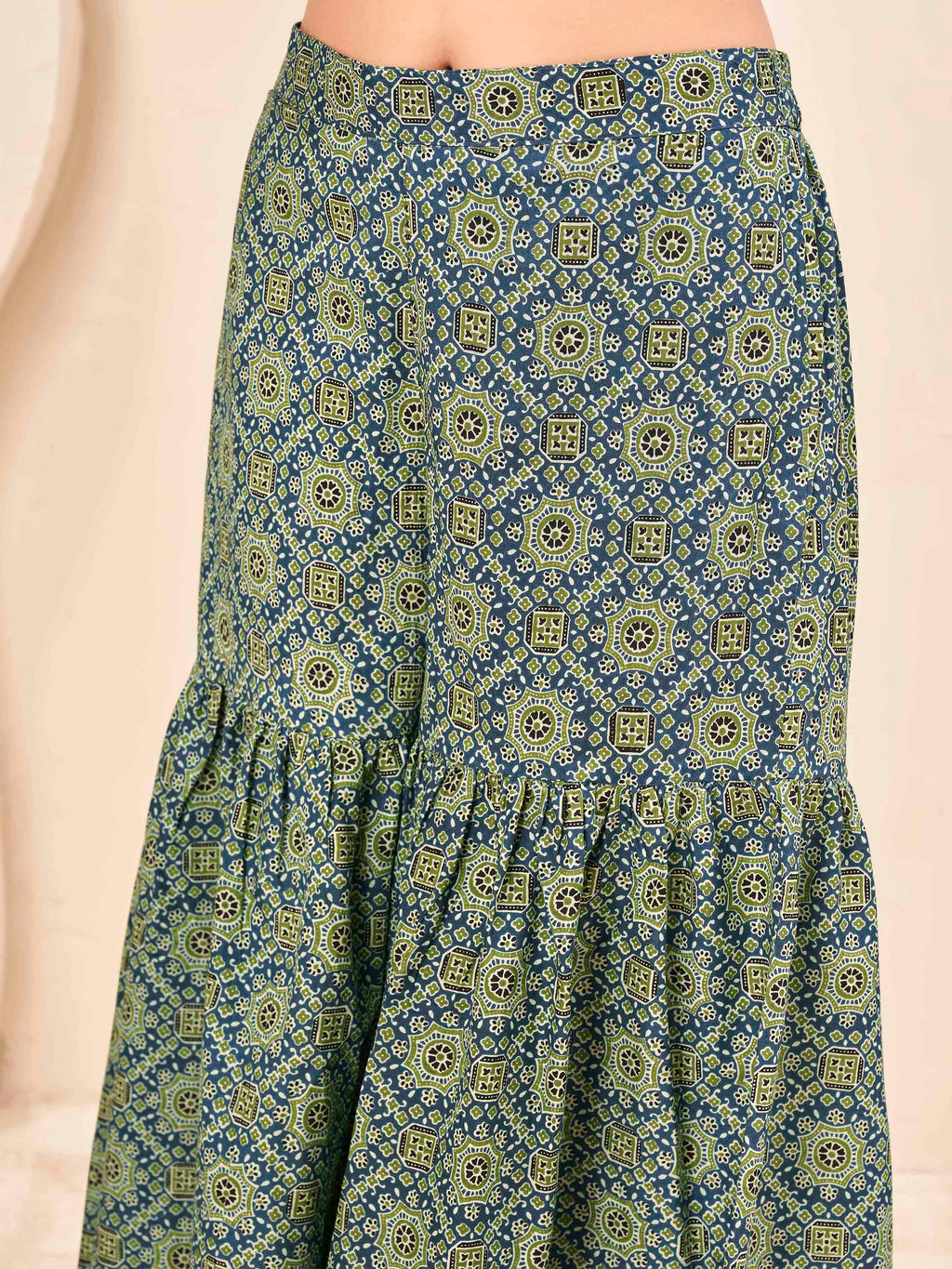 Coffee brown color pure cotton ethenic motif printed a-line tunic & ajrak sarara cordset