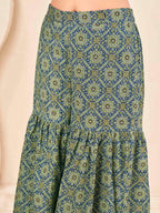 Coffee brown color pure cotton ethenic motif printed a-line tunic & ajrak sarara cordset