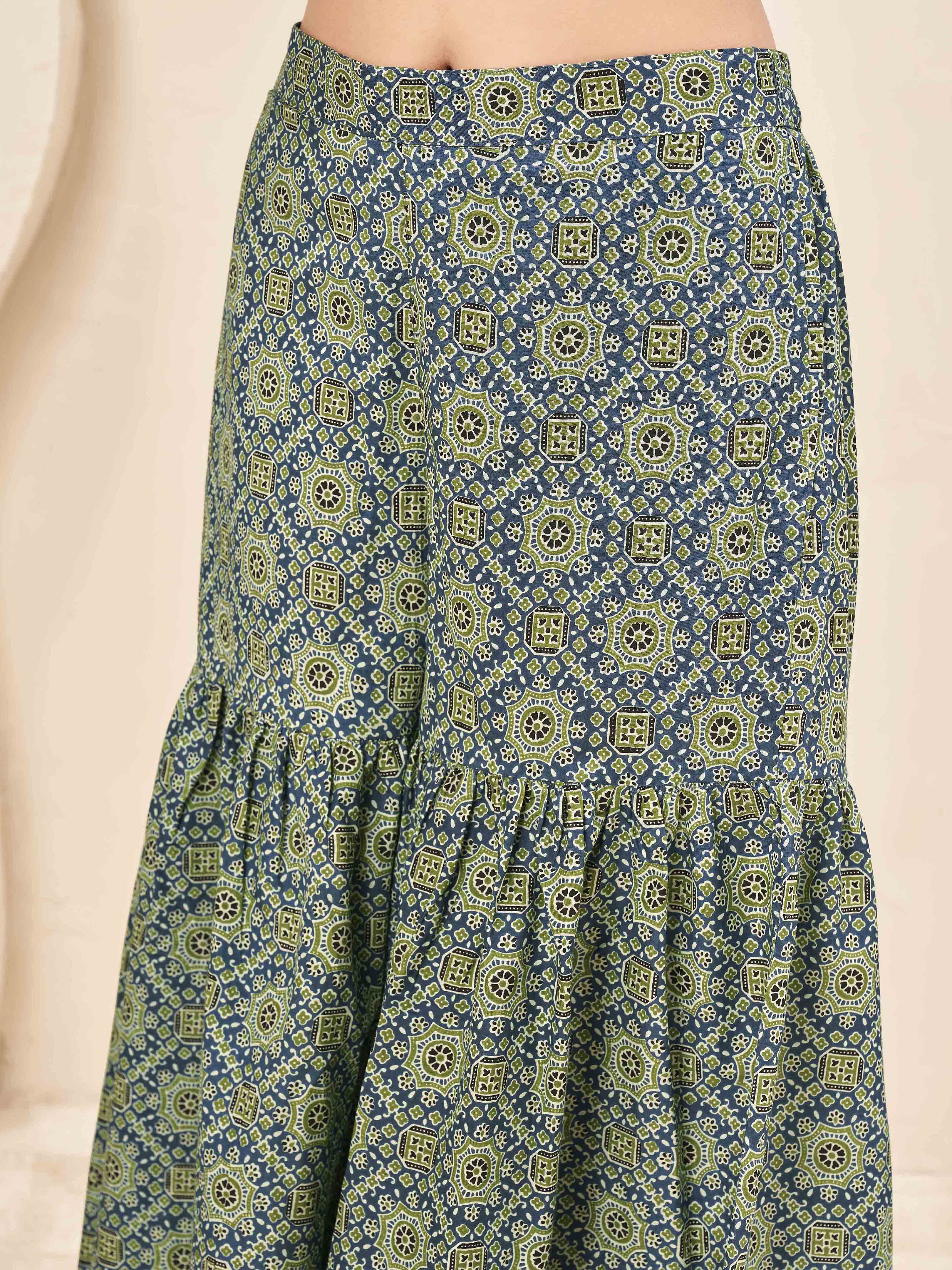 Coffee brown color pure cotton ethenic motif printed a-line tunic & ajrak sarara cordset