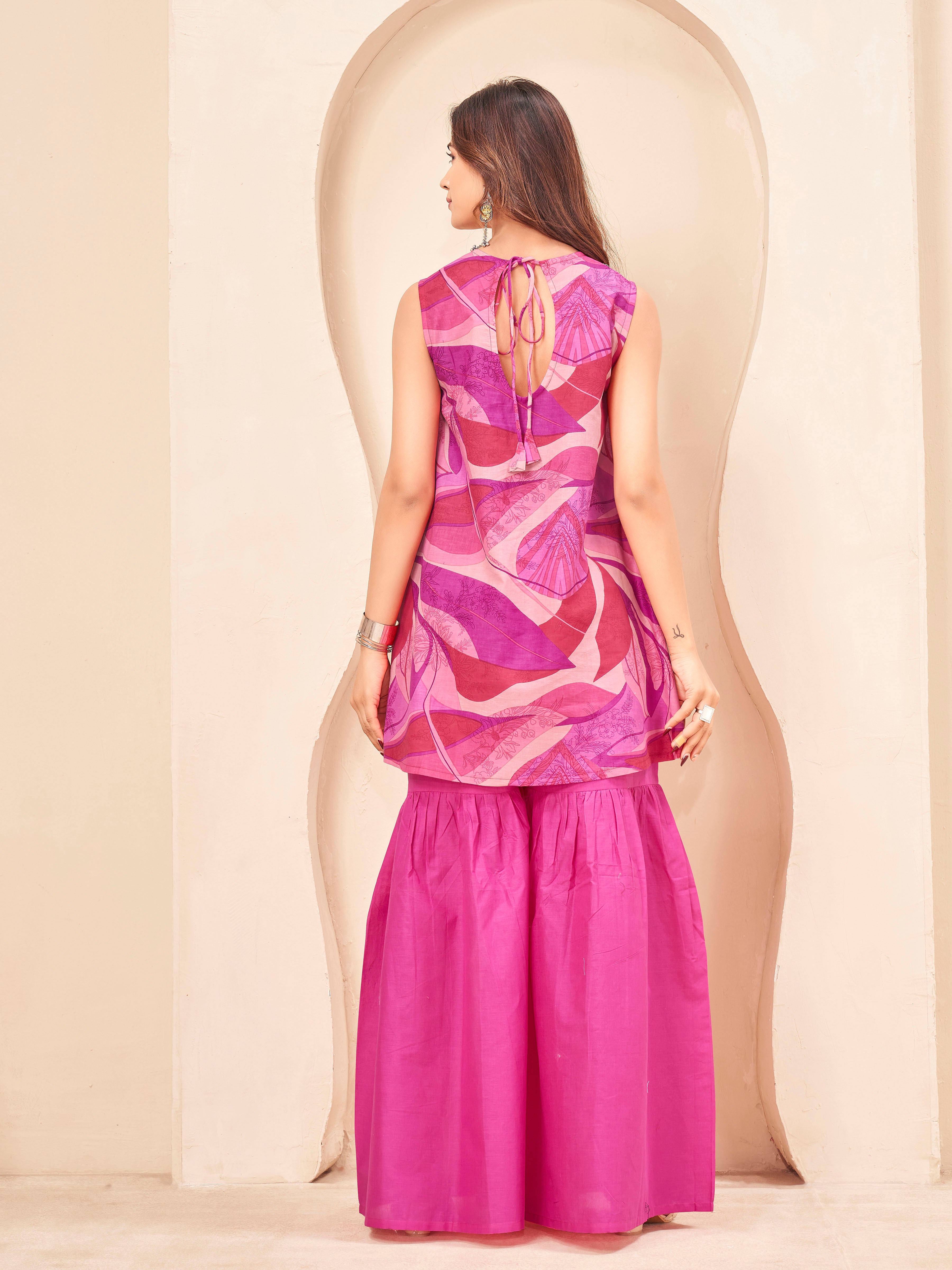 Multi color pure cotton abstract printed a-line tunic & solid sarara cordset