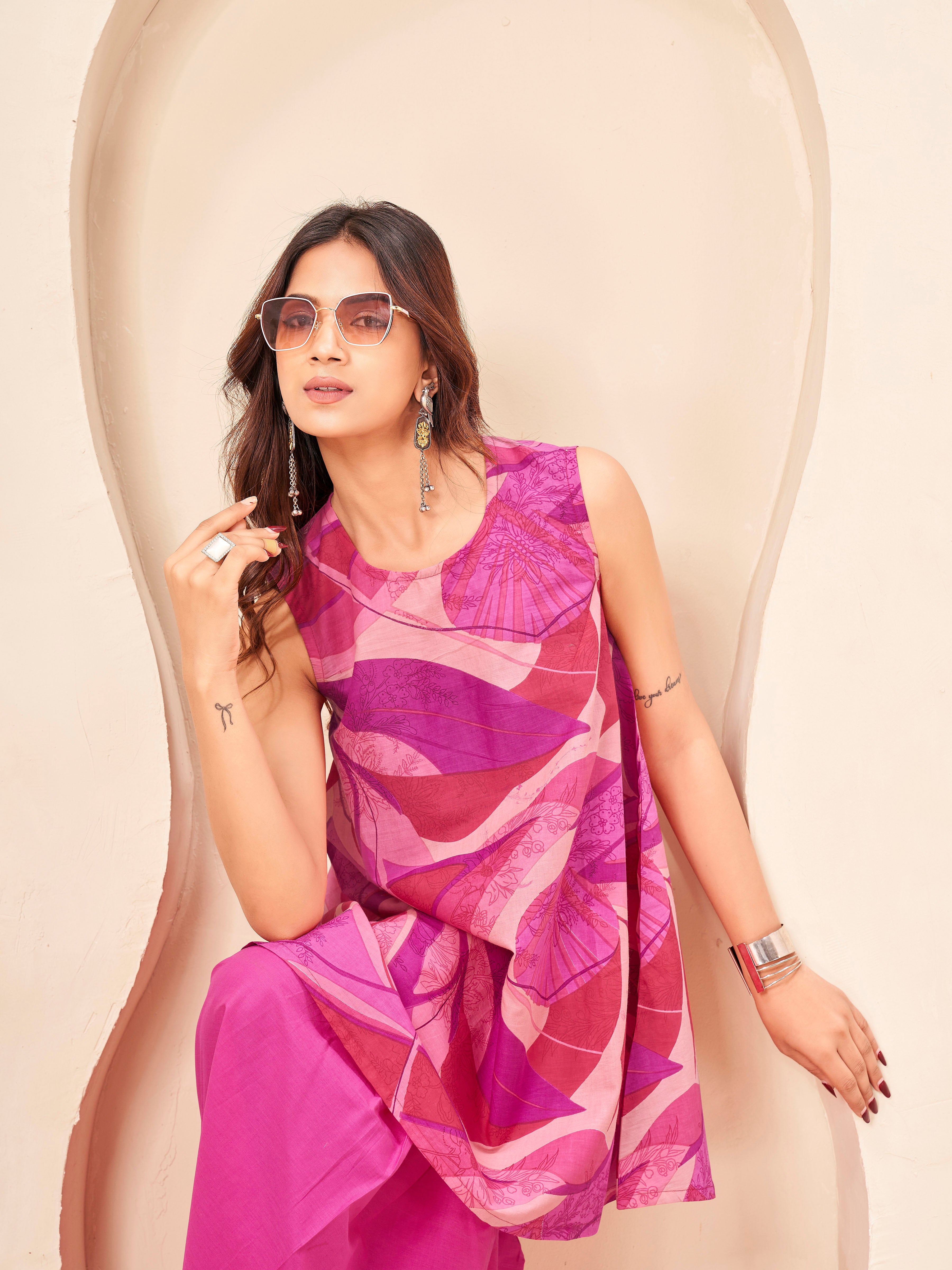 Multi color pure cotton abstract printed a-line tunic & solid sarara cordset