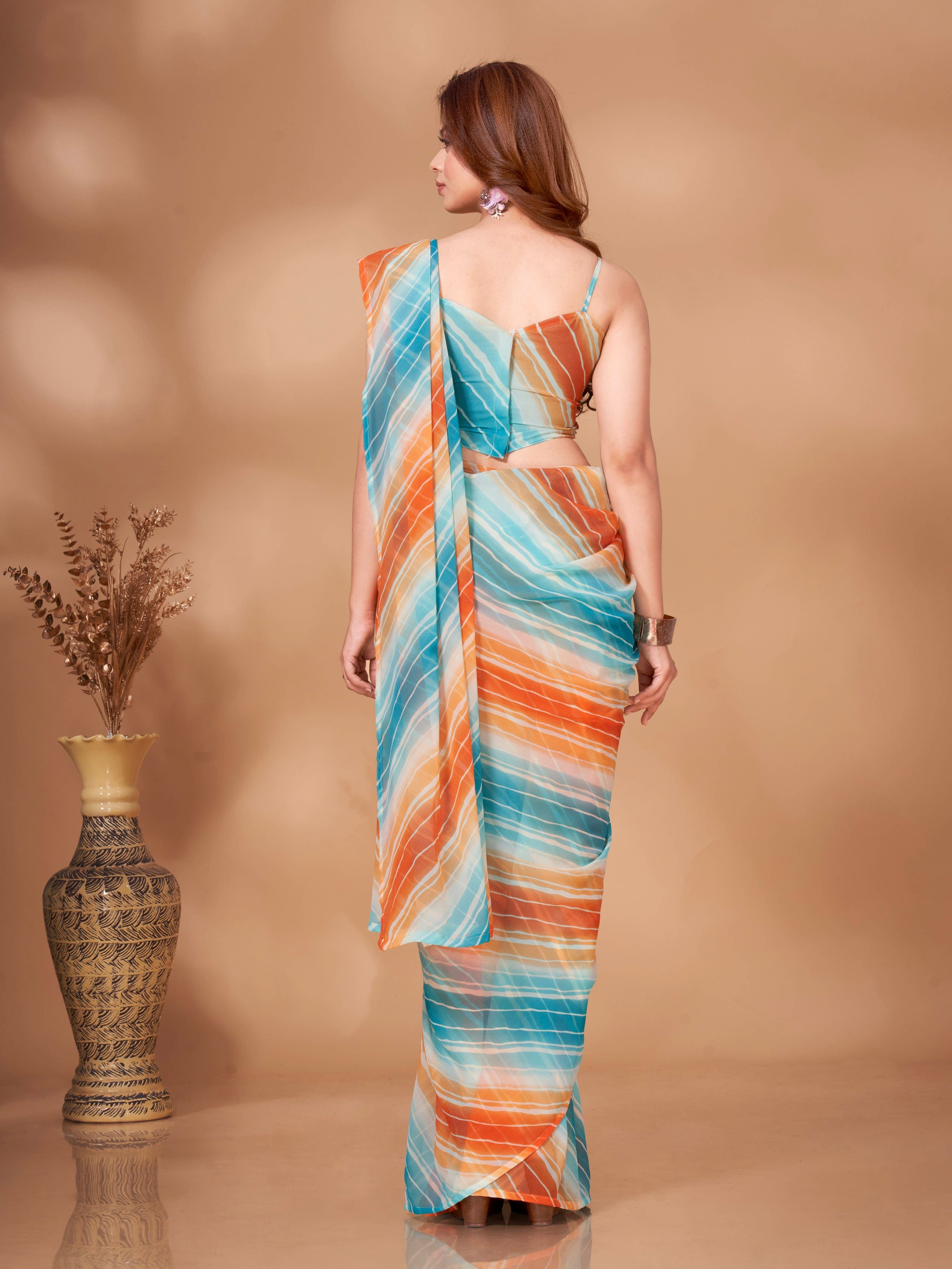 White & Orange Ready To Wear Saree