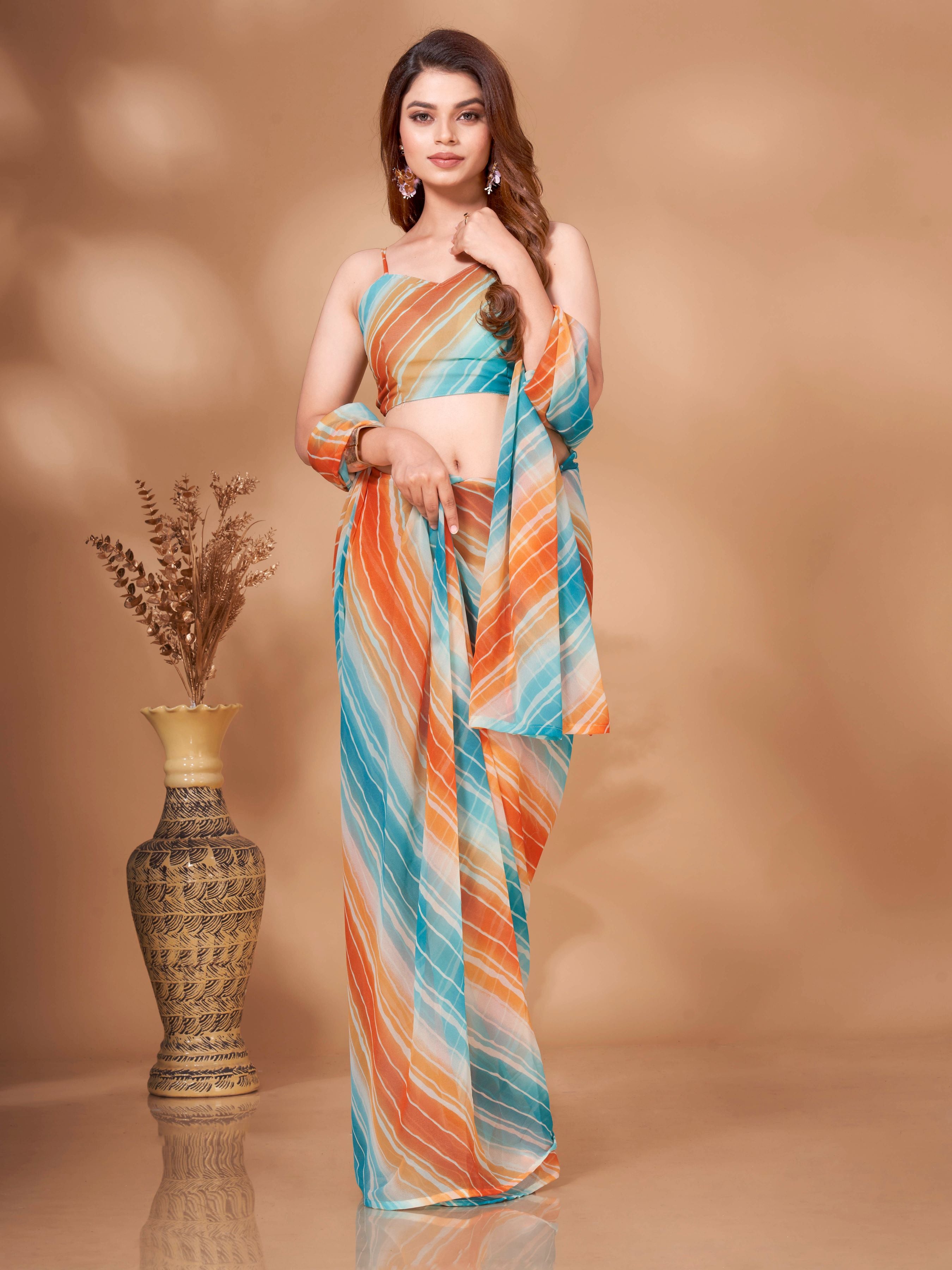 White & Orange Ready To Wear Saree
