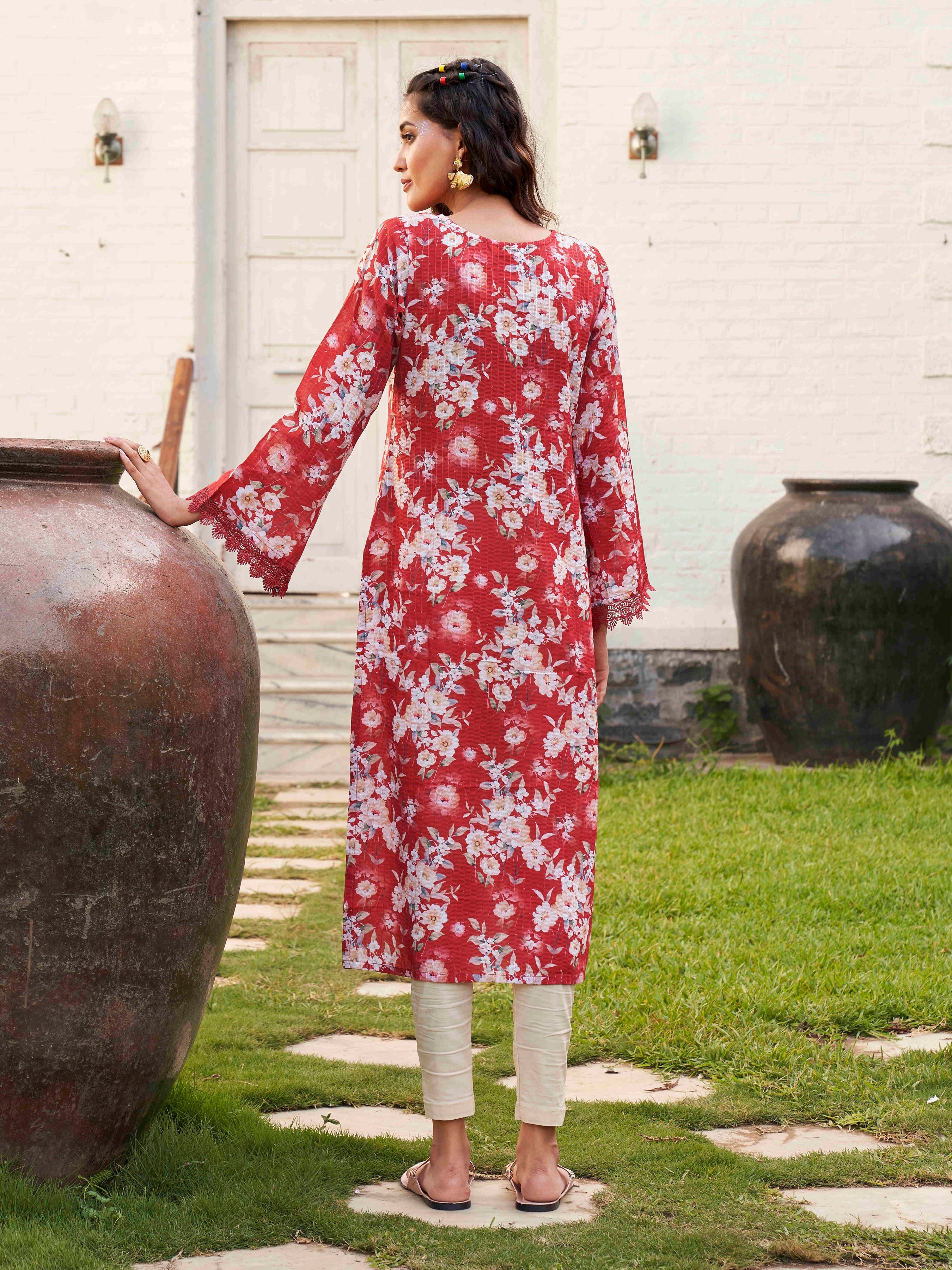 Red Floral Printed Flared Sleeves Kurta
