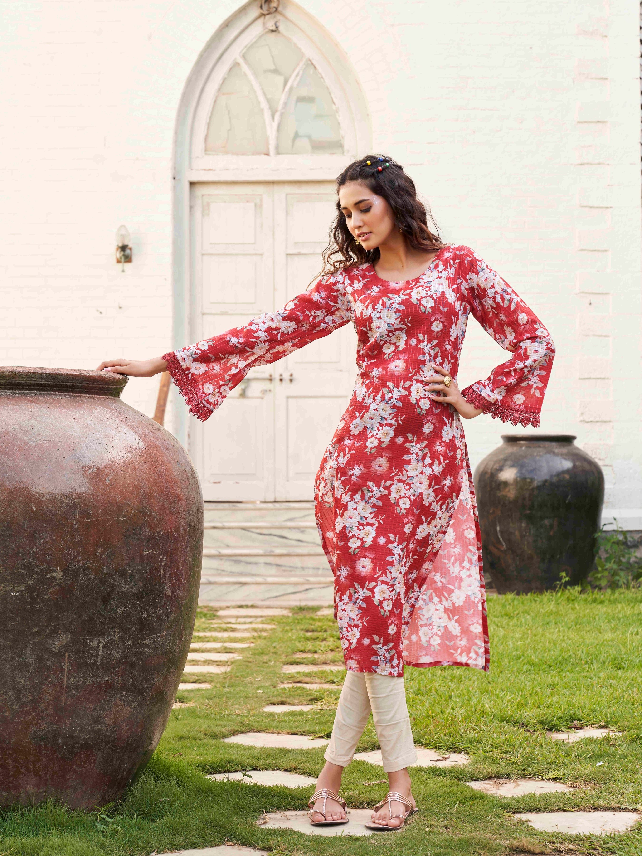 Red Floral Printed Flared Sleeves Kurta