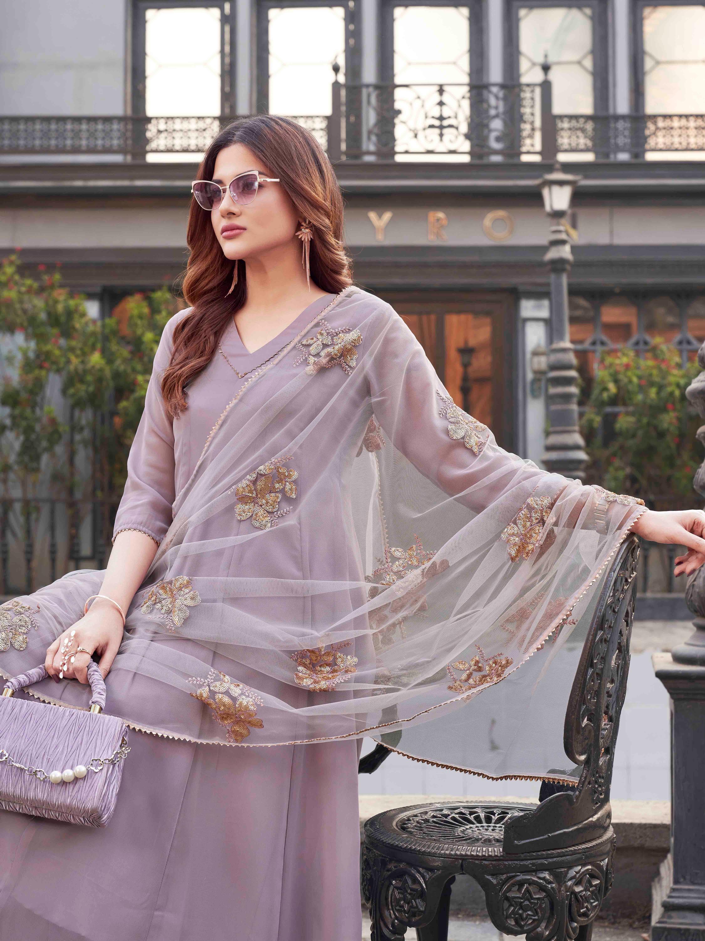 Mauve Anarkal Flared Kurta Set With Sequinns Dupatta