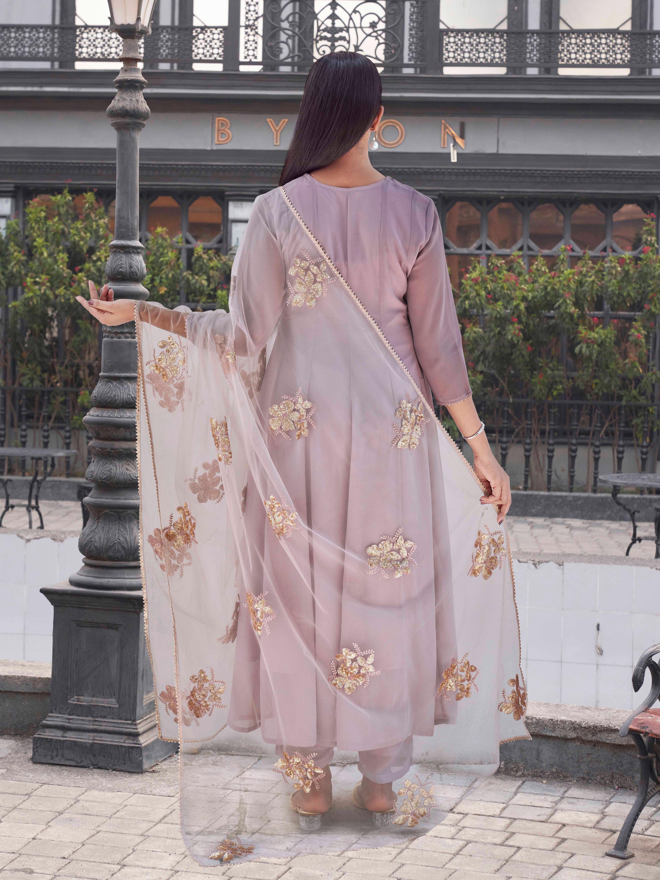 Mauve Anarkal Flared Kurta Set With Sequinns Dupatta