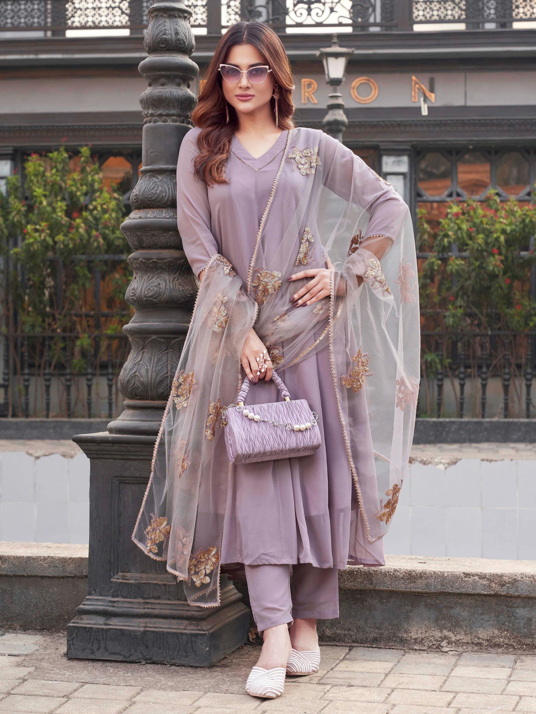 Mauve Anarkal Flared Kurta Set With Sequinns Dupatta