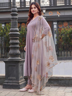 Mauve Anarkal Flared Kurta Set With Sequinns Dupatta