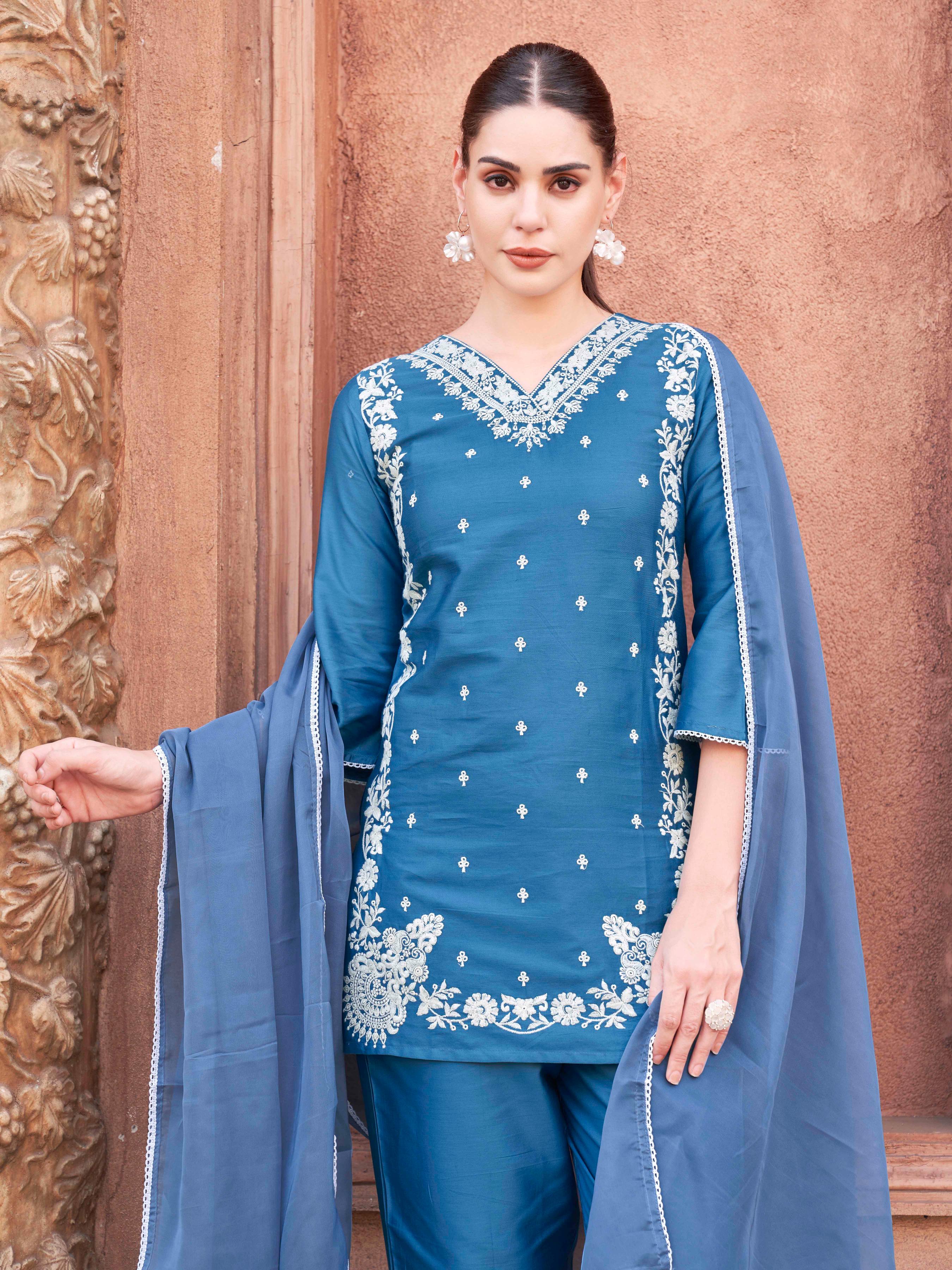 Blue Cotton Blend With White Thread Work Kurta Set