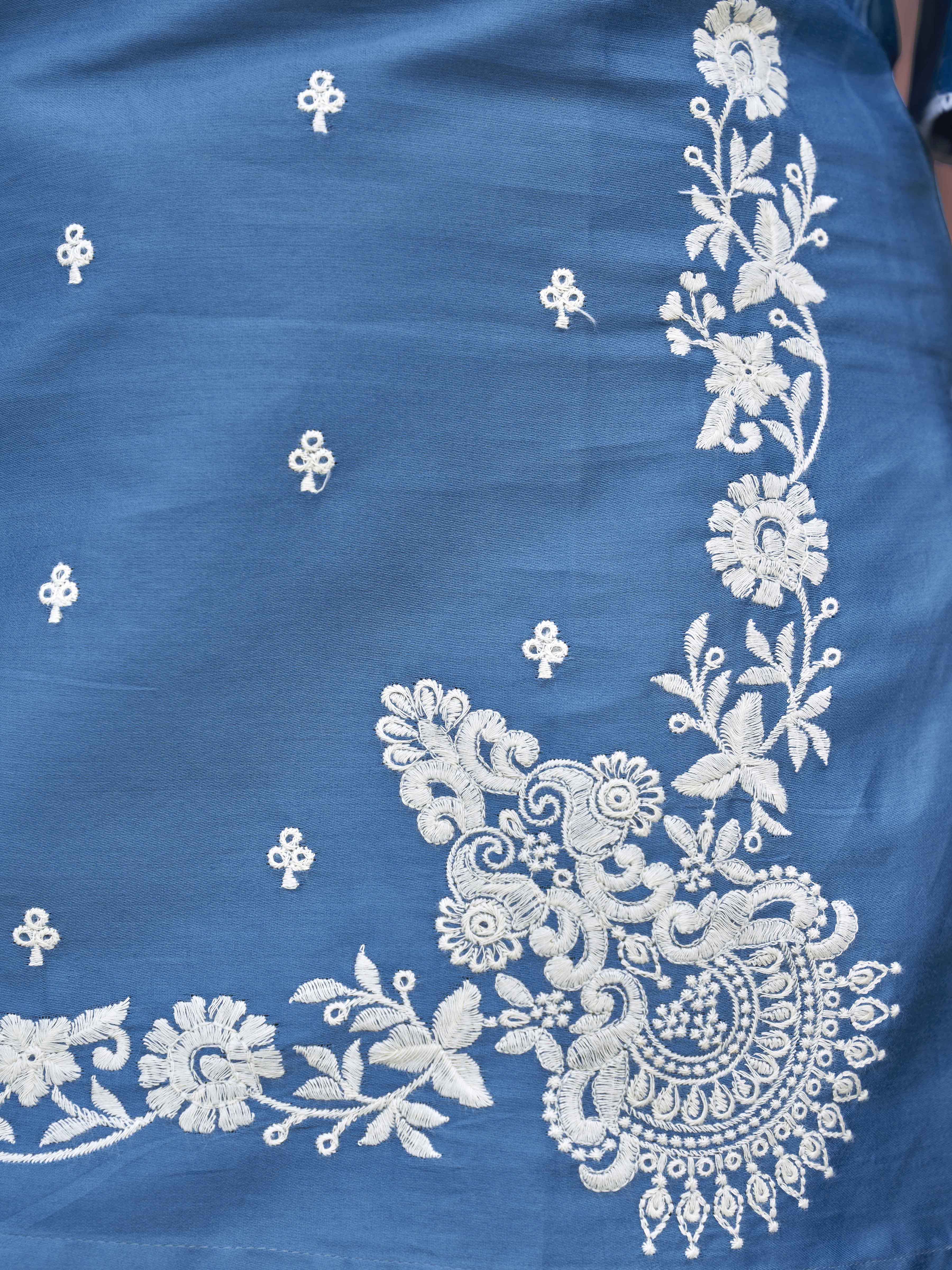 Blue Cotton Blend With White Thread Work Kurta Set