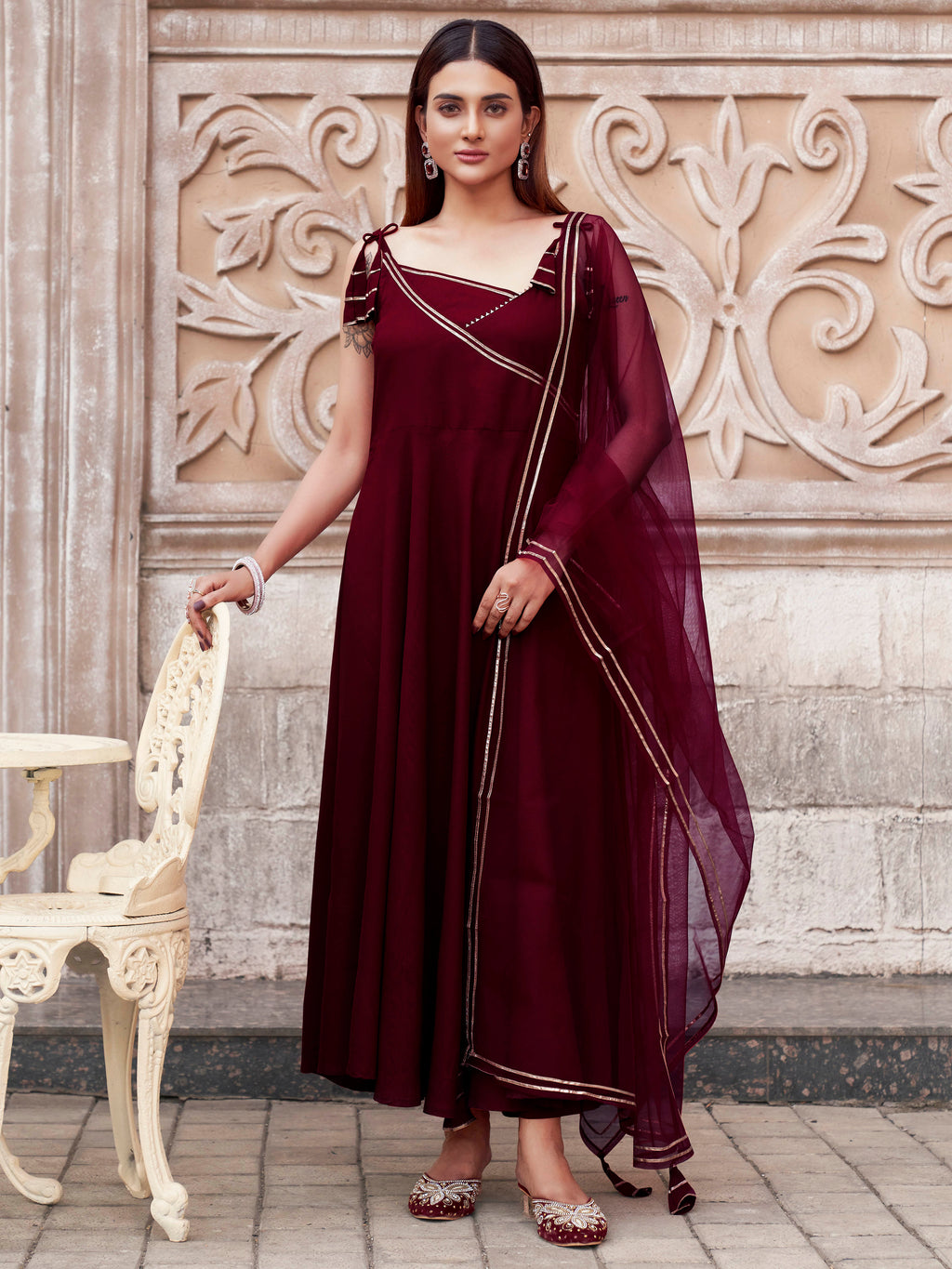 Maroon Viscose Rayon With Strap Flared Kurta Set