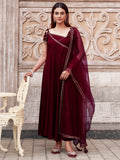 Maroon Viscose Rayon With Strap Flared Kurta Set
