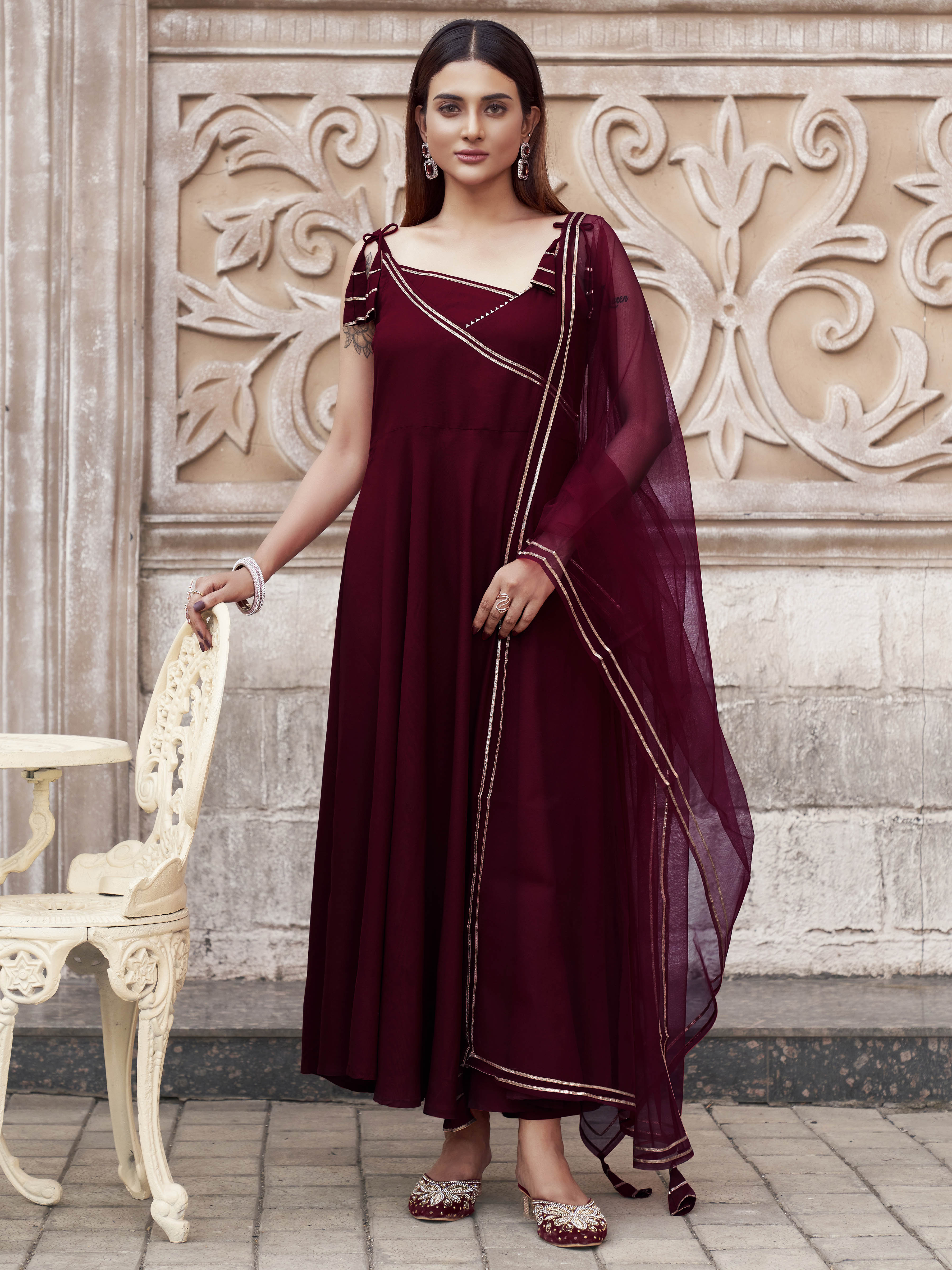 Maroon Viscose Rayon With Strap Flared Kurta Set