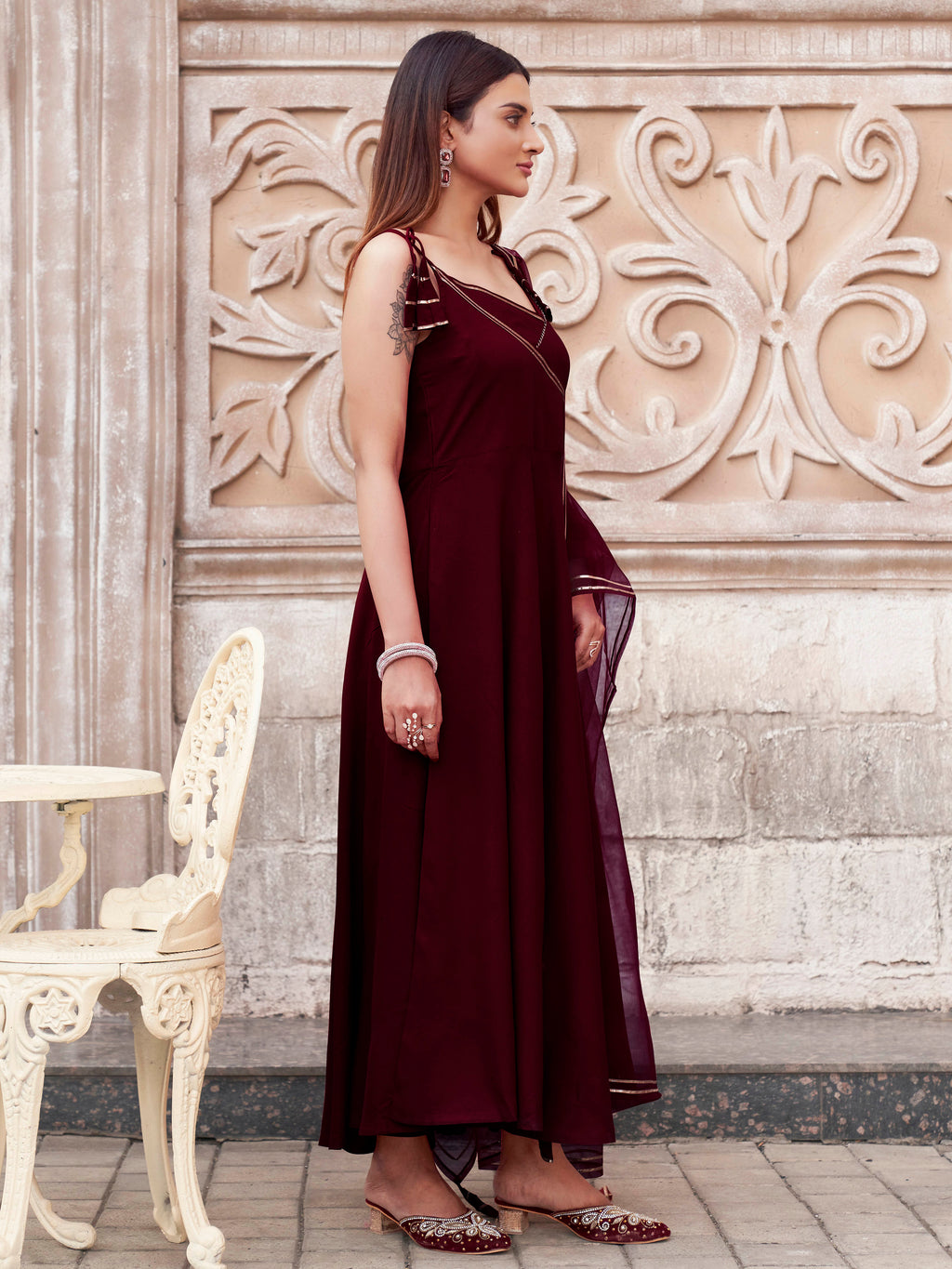 Maroon Viscose Rayon With Strap Flared Kurta Set