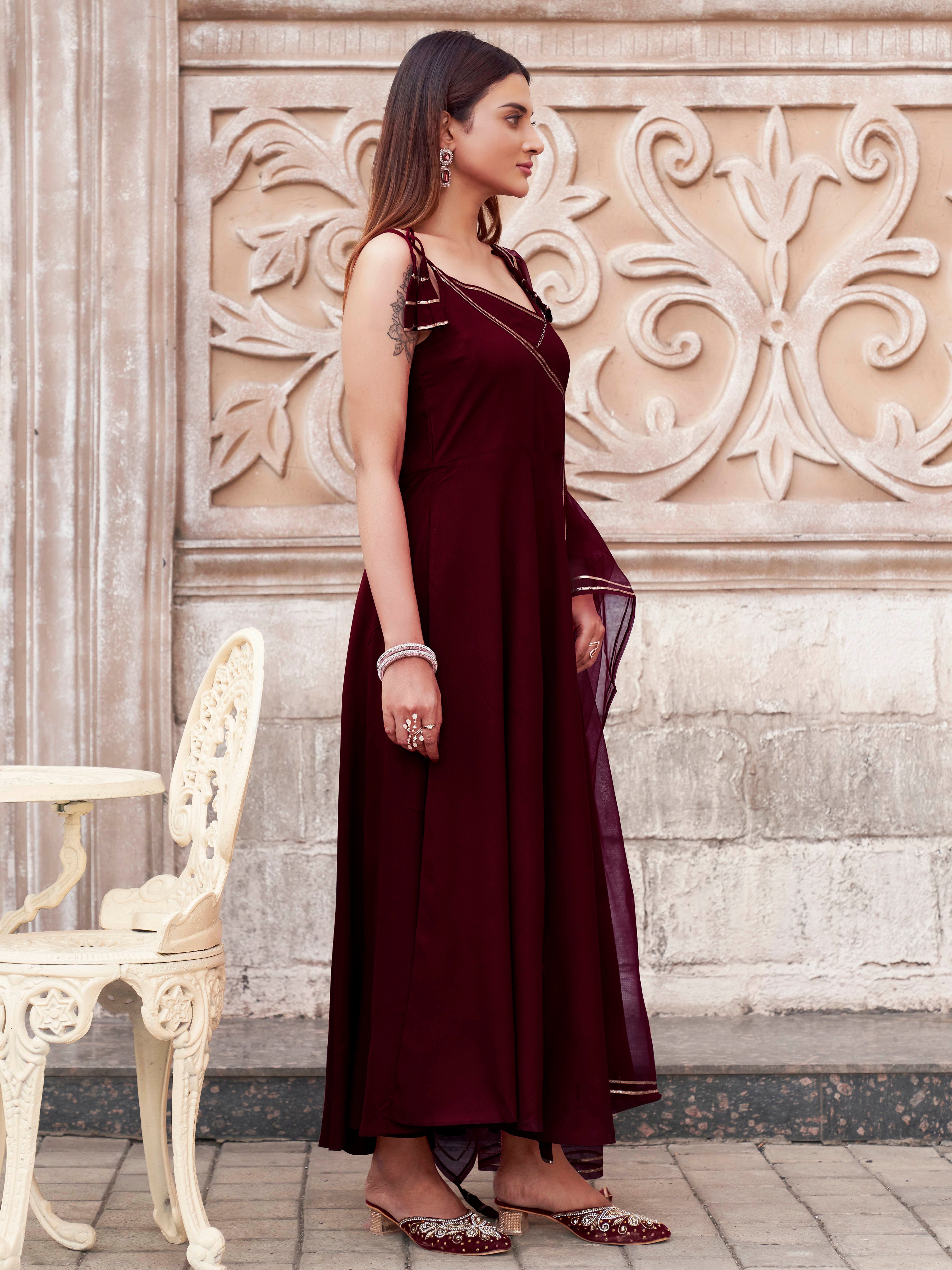 Maroon Viscose Rayon With Strap Flared Kurta Set