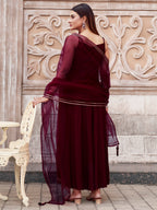 Maroon Viscose Rayon With Strap Flared Kurta Set