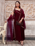 Maroon Viscose Rayon With Strap Flared Kurta Set
