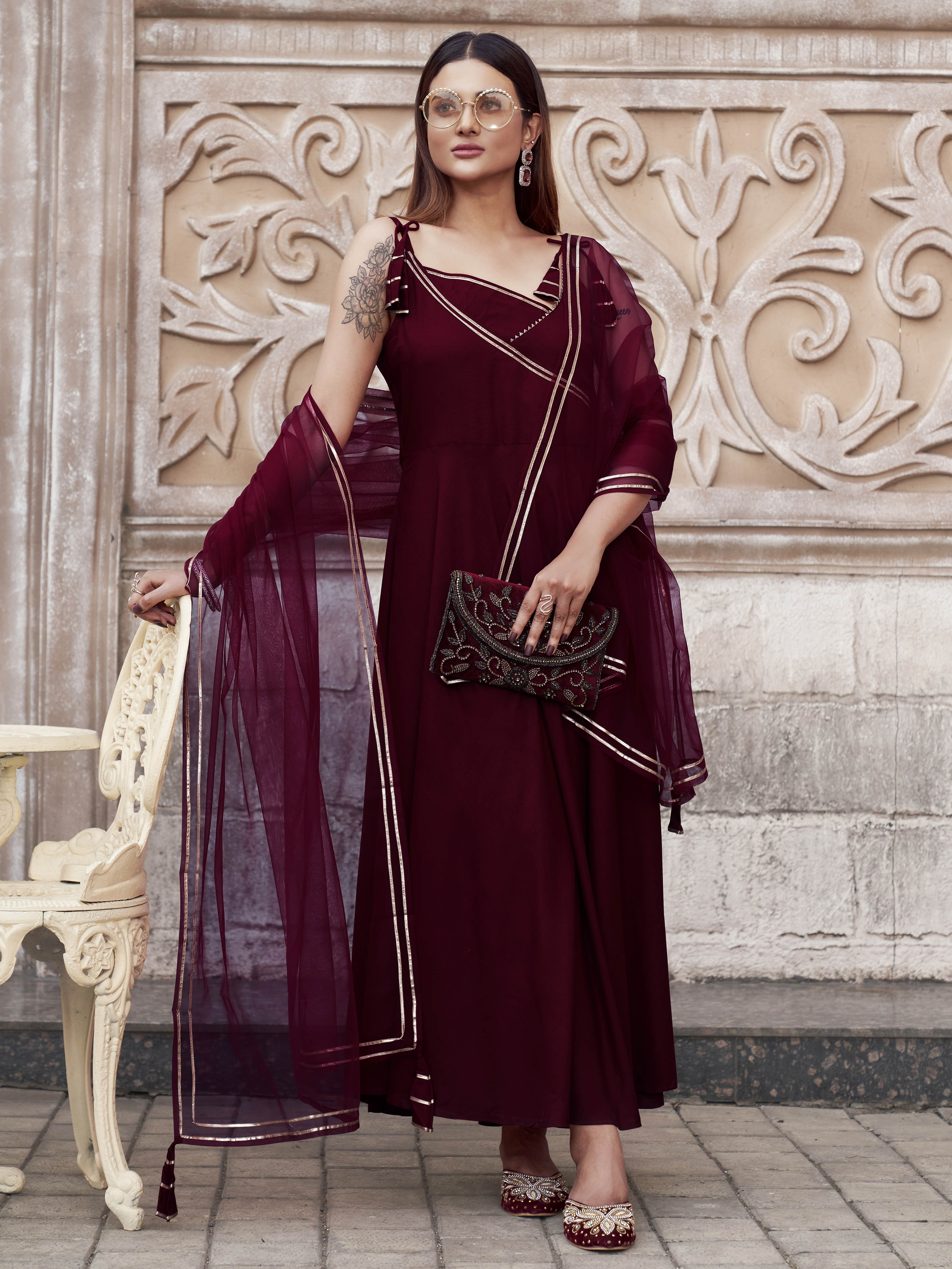 Maroon Viscose Rayon With Strap Flared Kurta Set