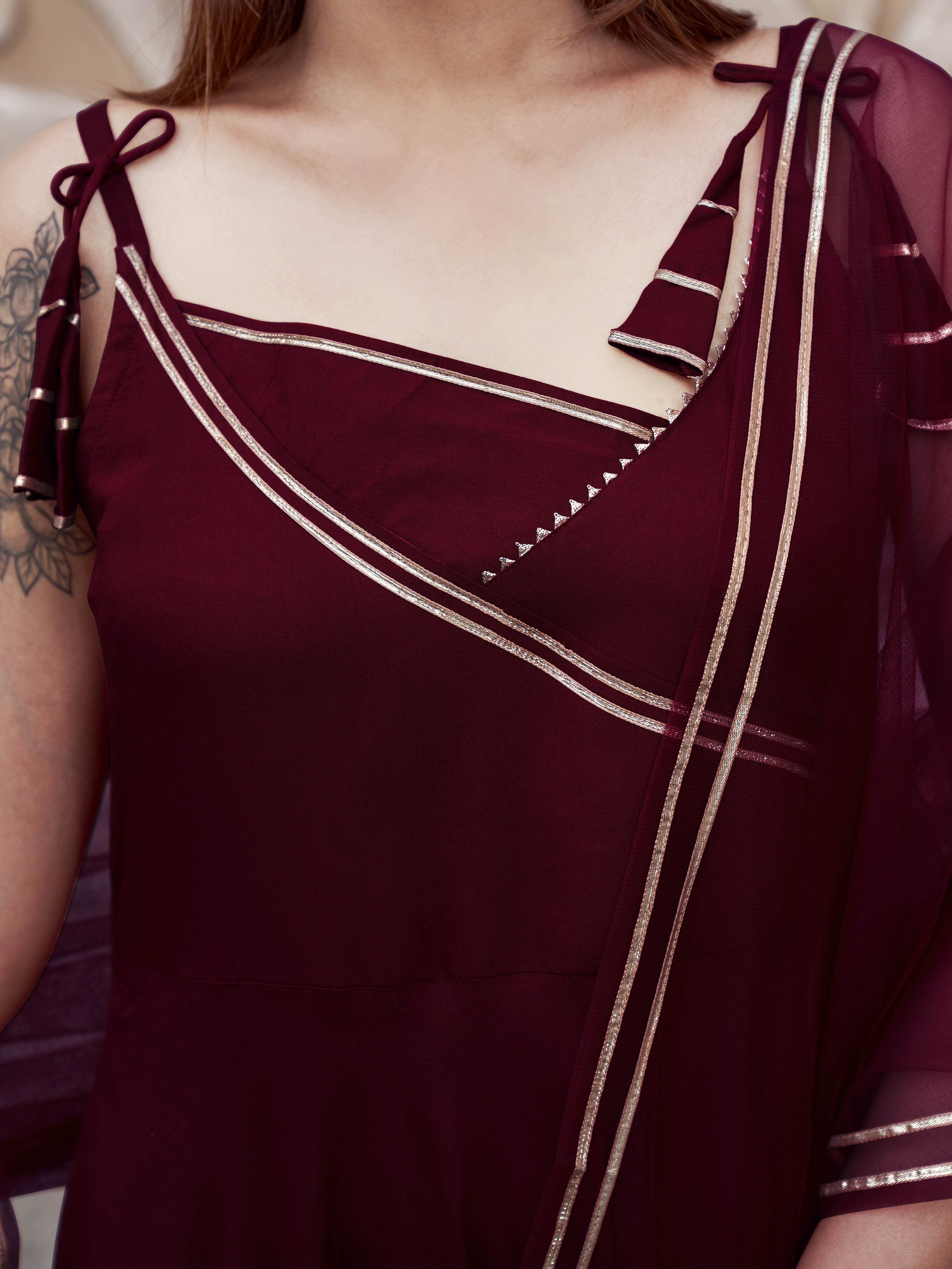 Maroon Viscose Rayon With Strap Flared Kurta Set