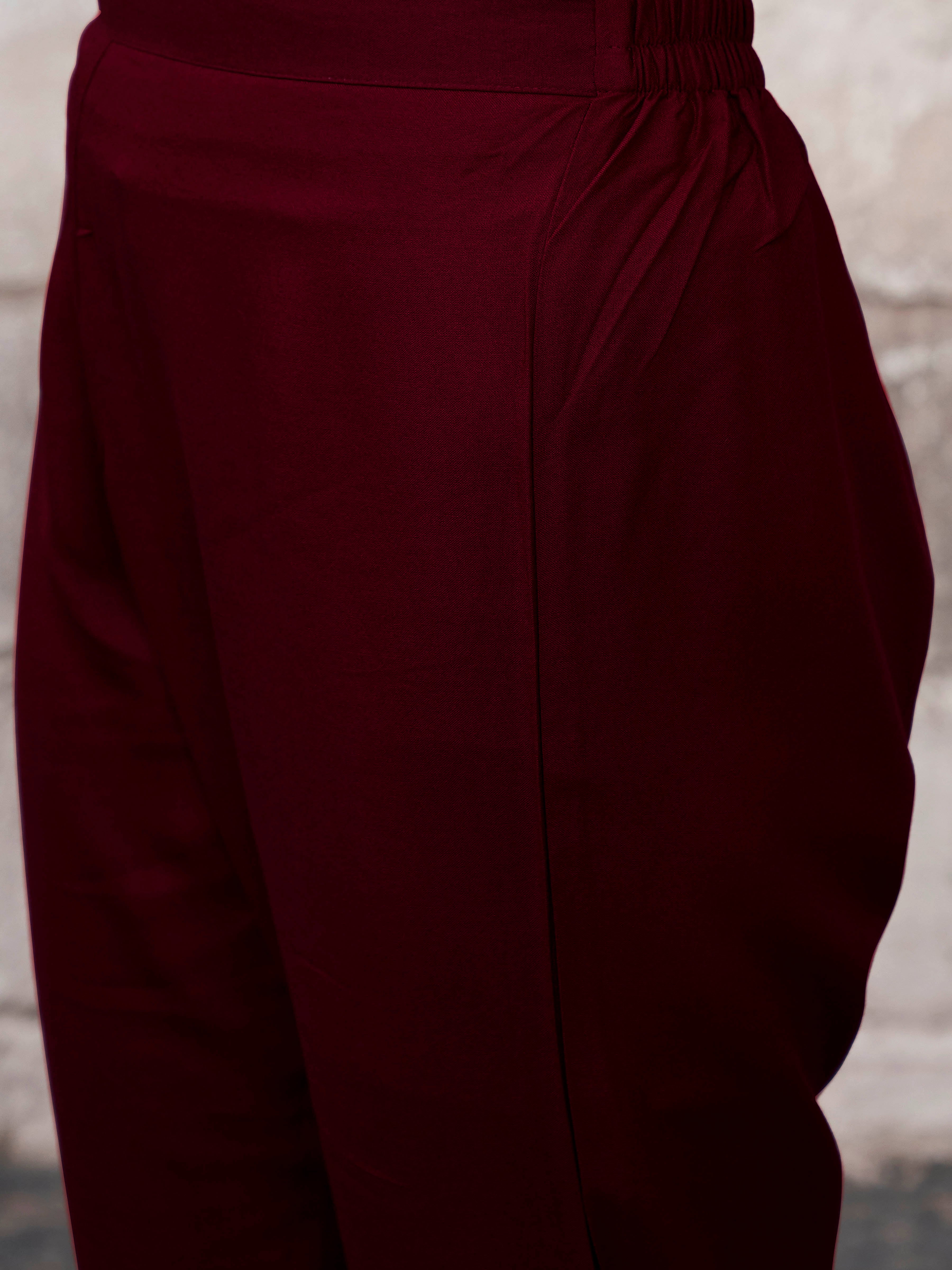 Maroon Viscose Rayon With Strap Flared Kurta Set
