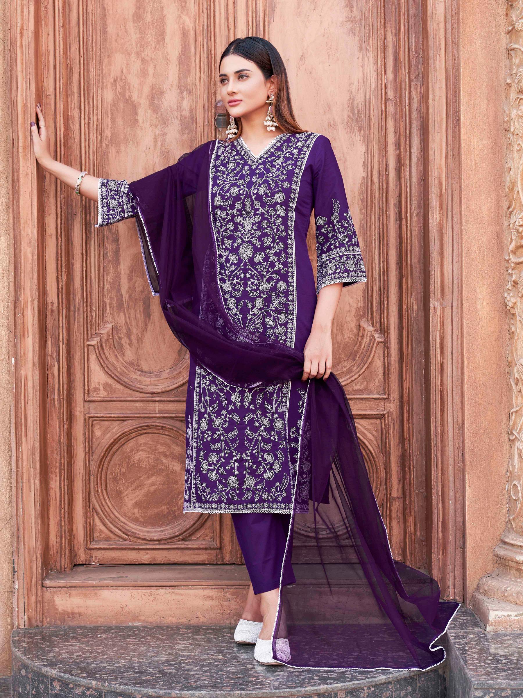 Violet Cotton With All Over Thread Work Kurta Set