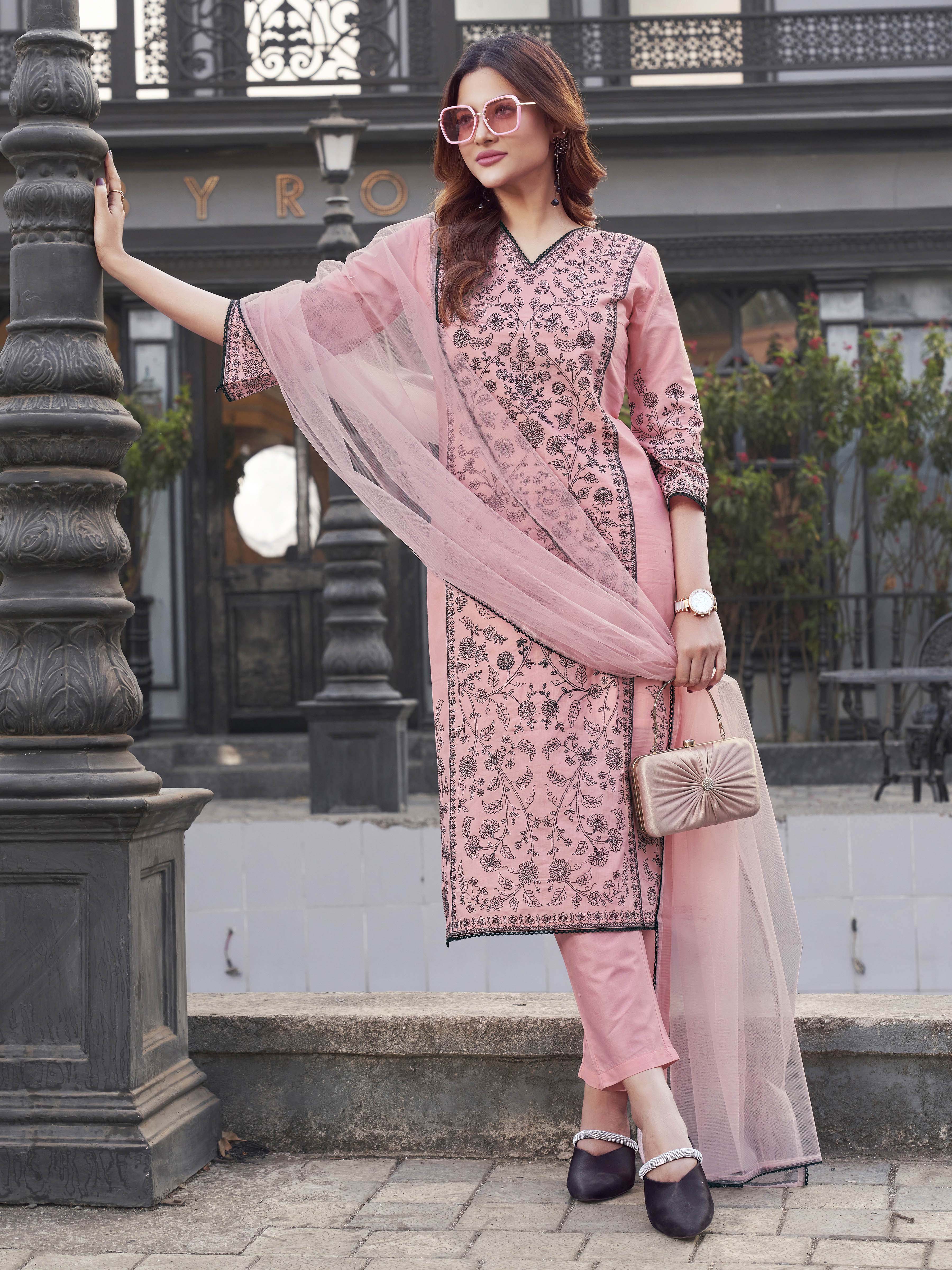 Baby Pink Cotton With All Over Thread Work Kurta Set