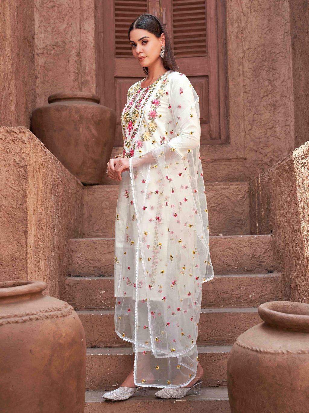 White Cotton With Multi Thread Embroidered Kurta Set