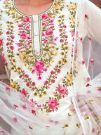 White Cotton With Multi Thread Embroidered Kurta Set