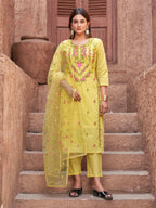Yellow Cotton With Multi Thread Embroidered Kurta Set