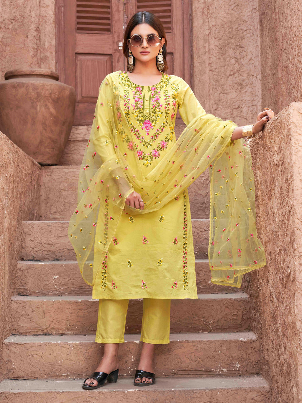 Yellow Cotton With Multi Thread Embroidered Kurta Set