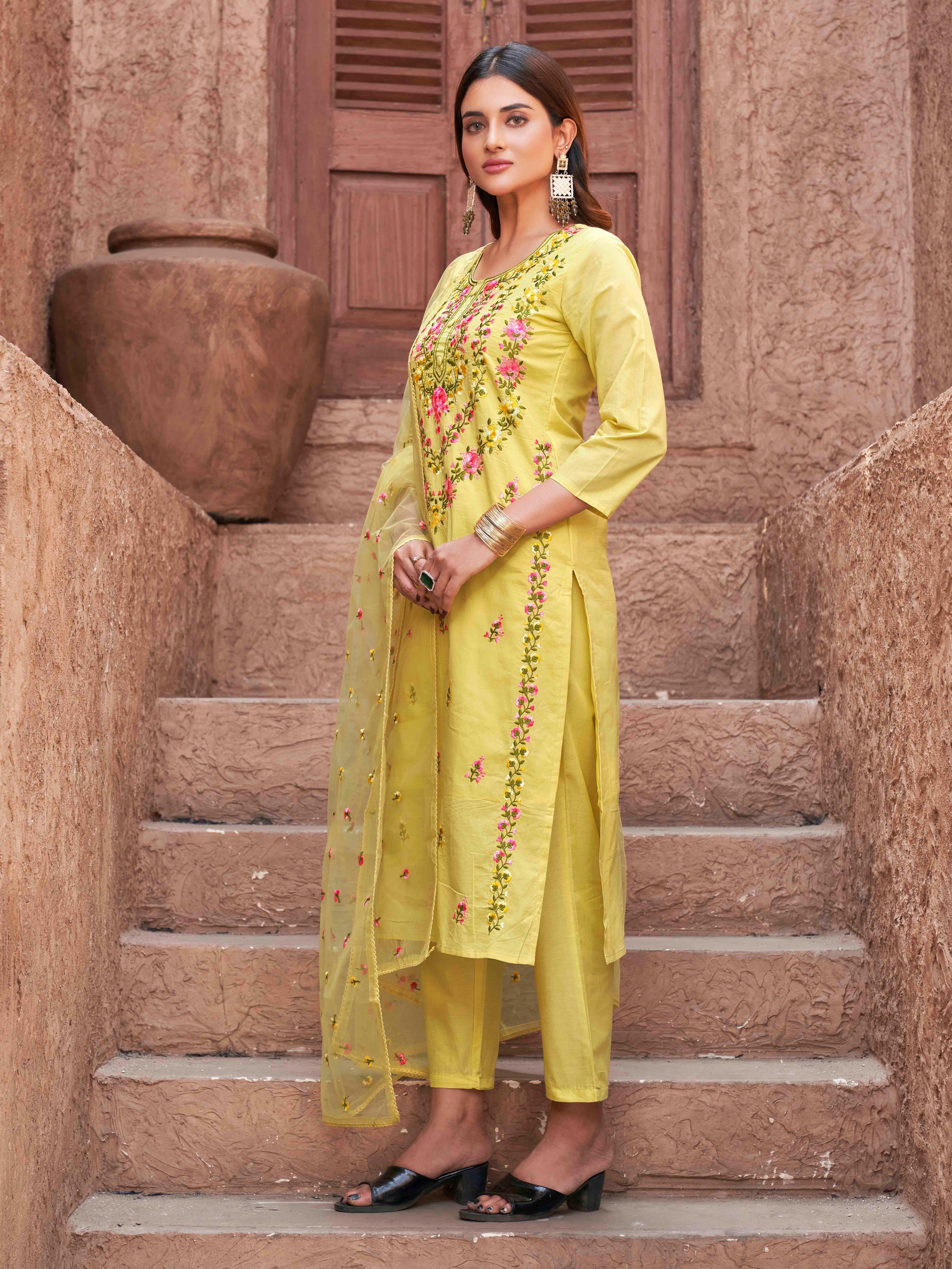 Yellow Cotton With Multi Thread Embroidered Kurta Set
