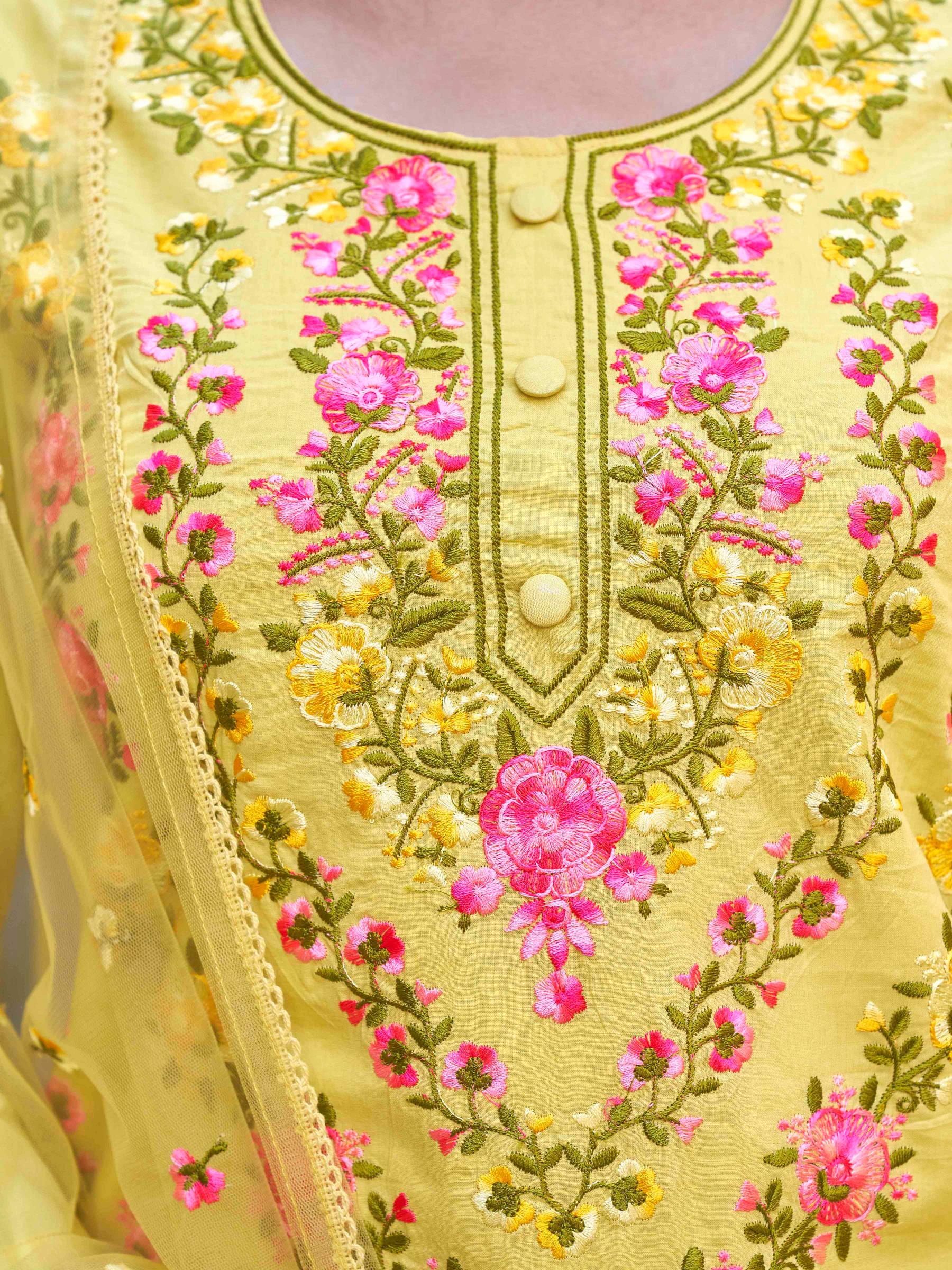 Yellow Cotton With Multi Thread Embroidered Kurta Set