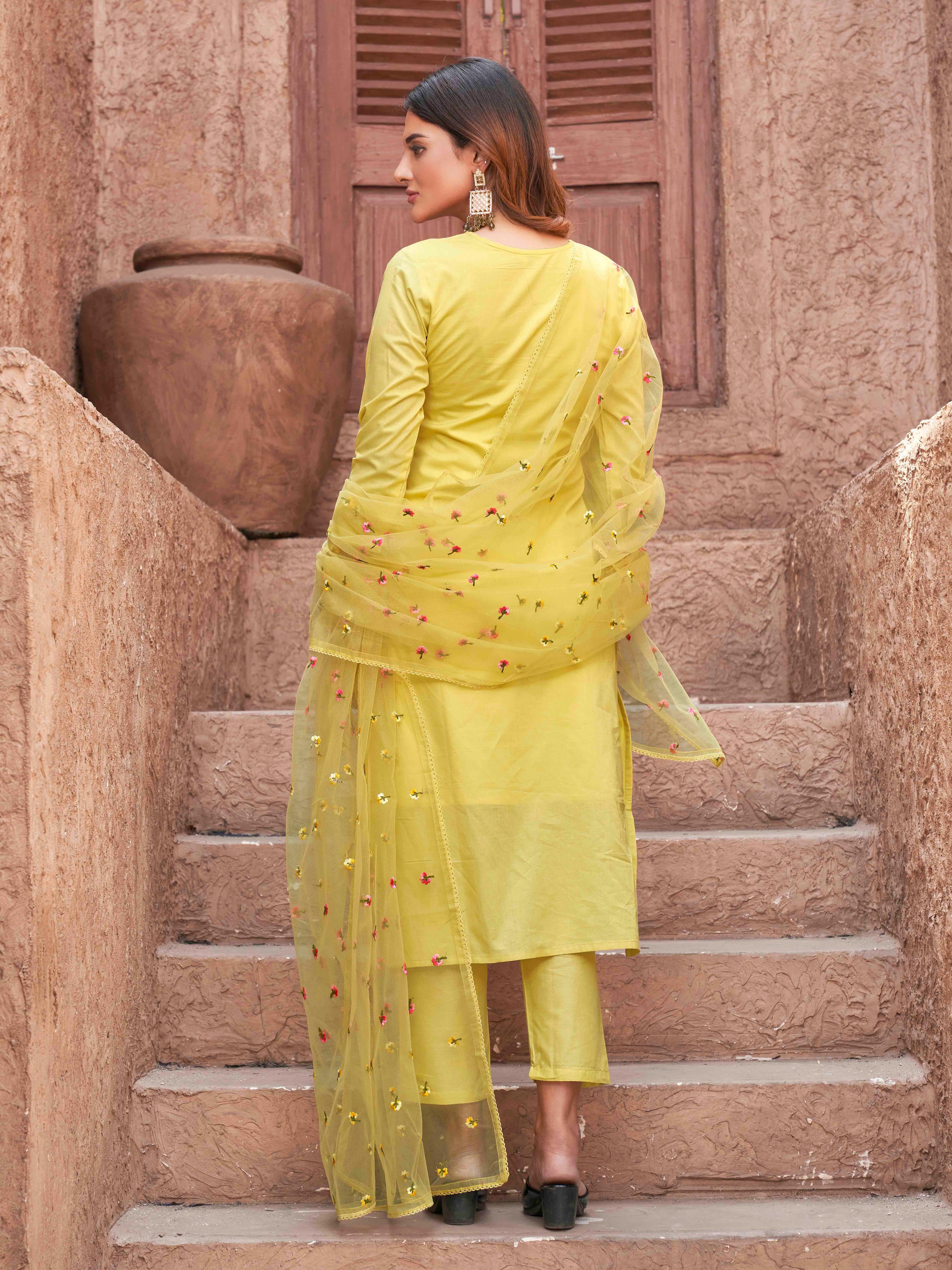Yellow Cotton With Multi Thread Embroidered Kurta Set