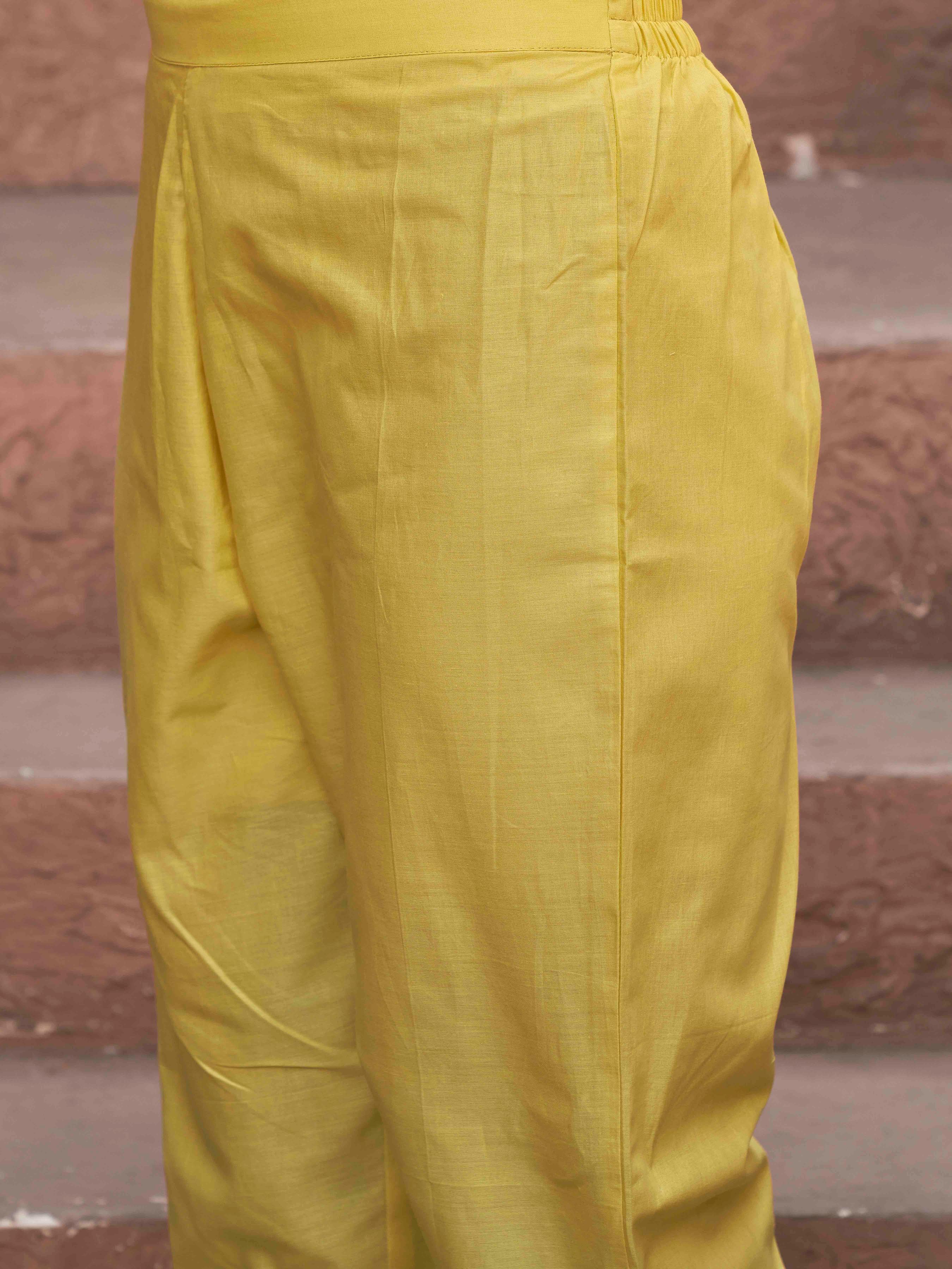 Yellow Cotton With Multi Thread Embroidered Kurta Set