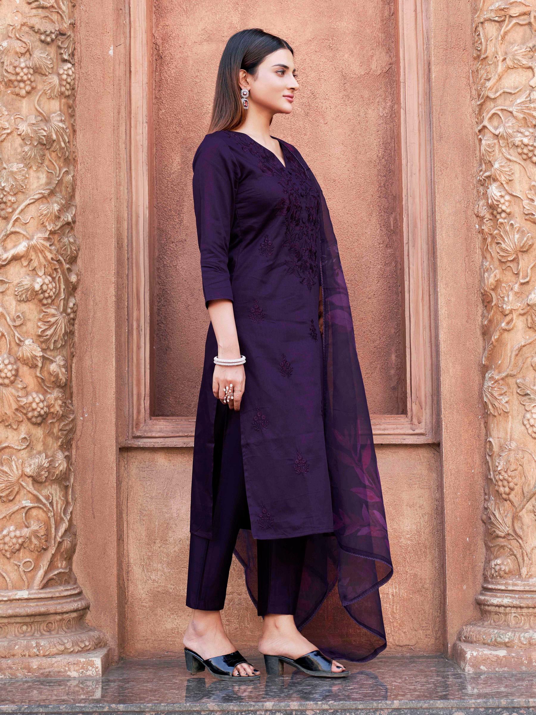 Dark Purple Cotton Blend With Tonal Thread Embroidered Kurta Set