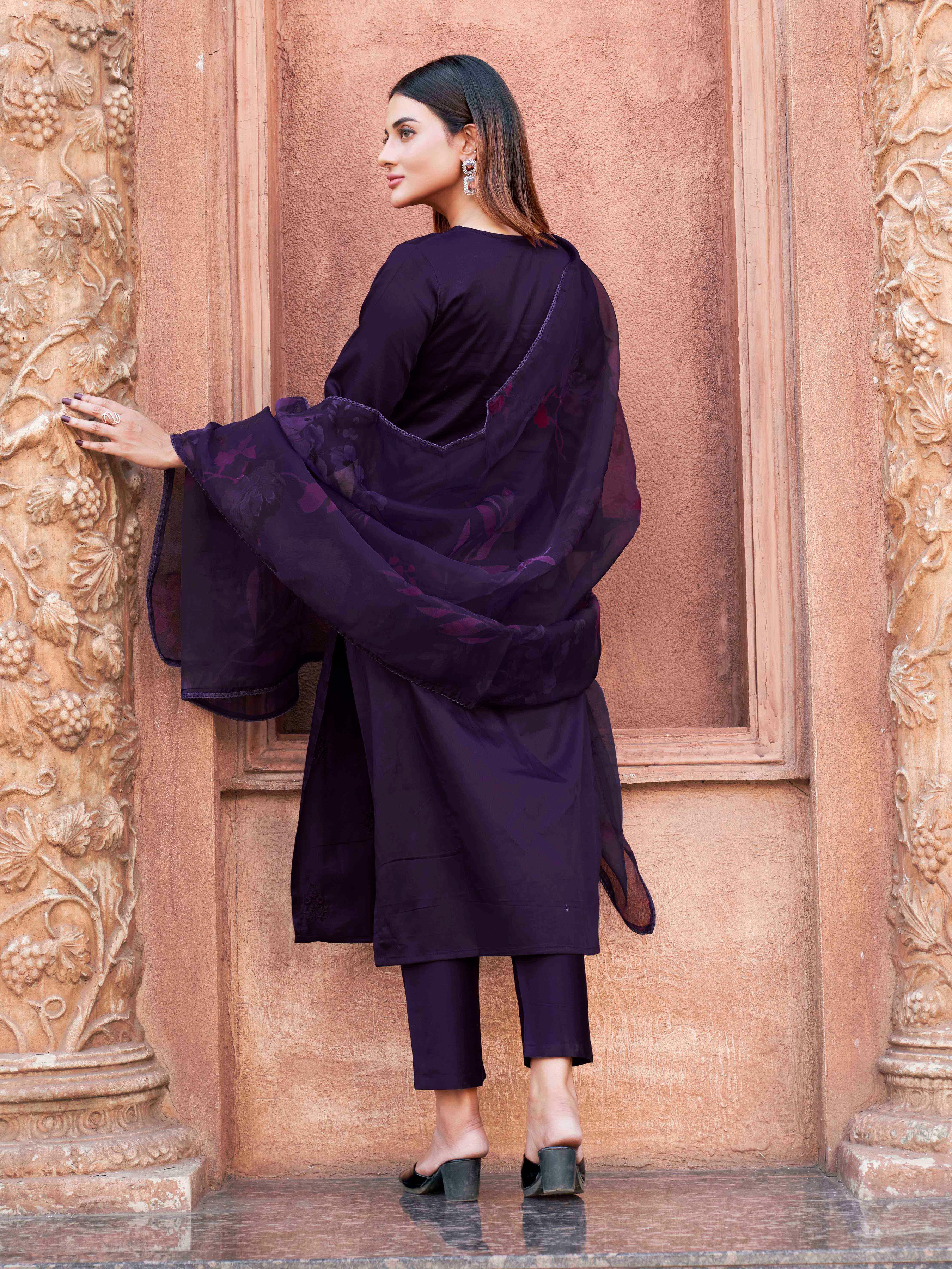 Dark Purple Cotton Blend With Tonal Thread Embroidered Kurta Set