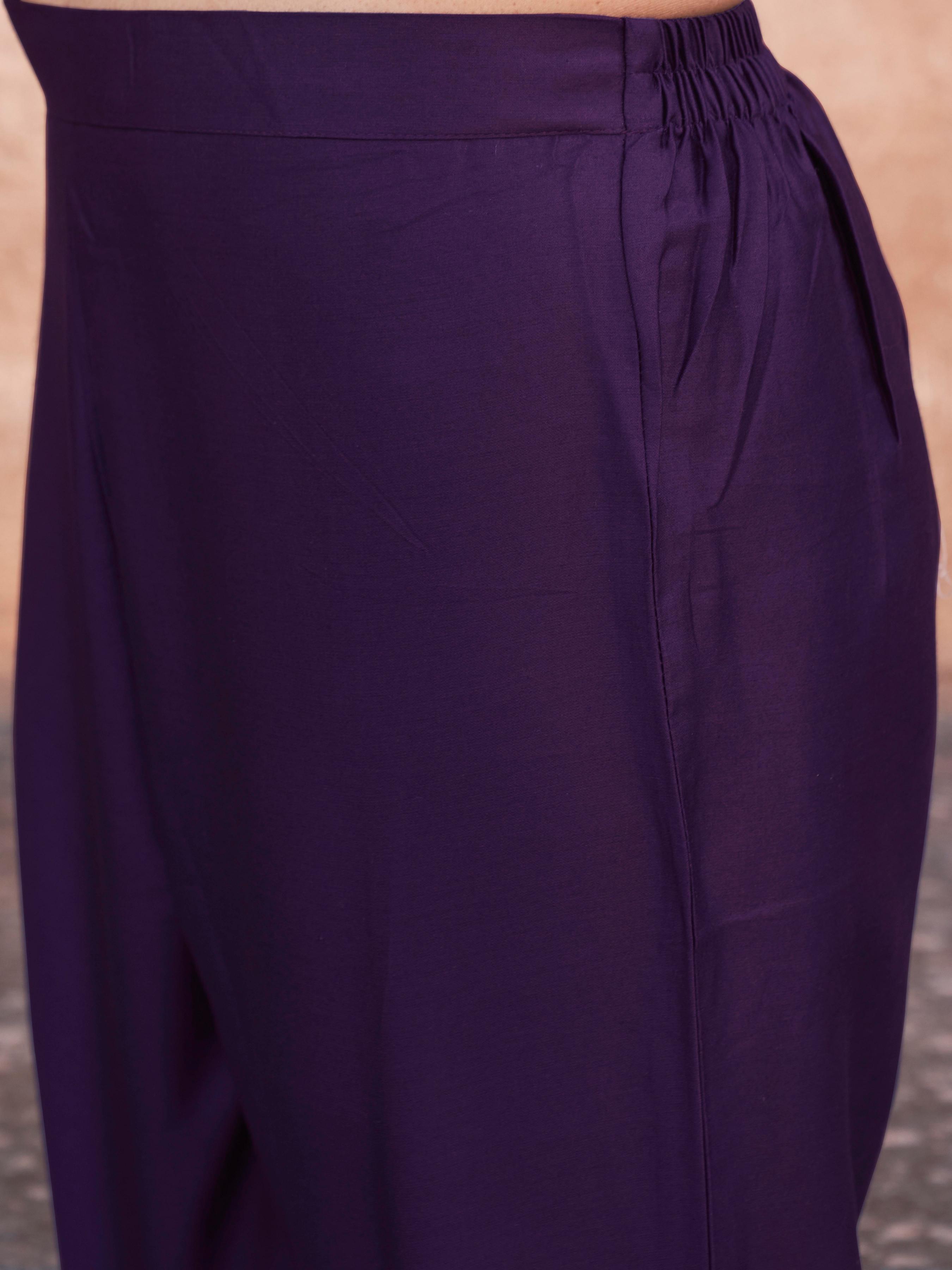 Dark Purple Cotton Blend With Tonal Thread Embroidered Kurta Set