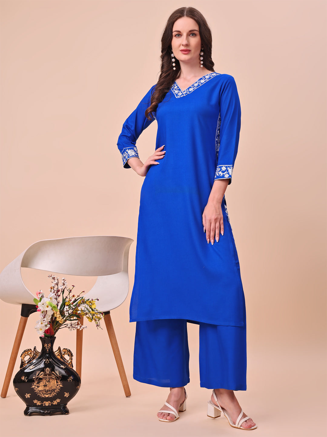 Royal Blue Rayon With White Thread Embroidered Neckline & Panelled Kurta Set
