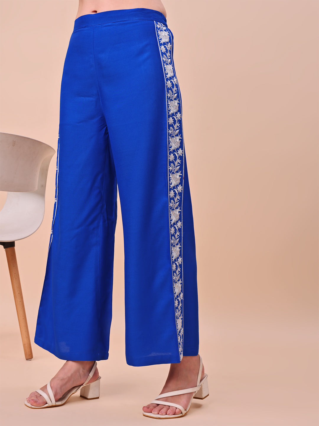 Royal Blue Rayon With White Thread Embroidered Neckline & Panelled Kurta Set