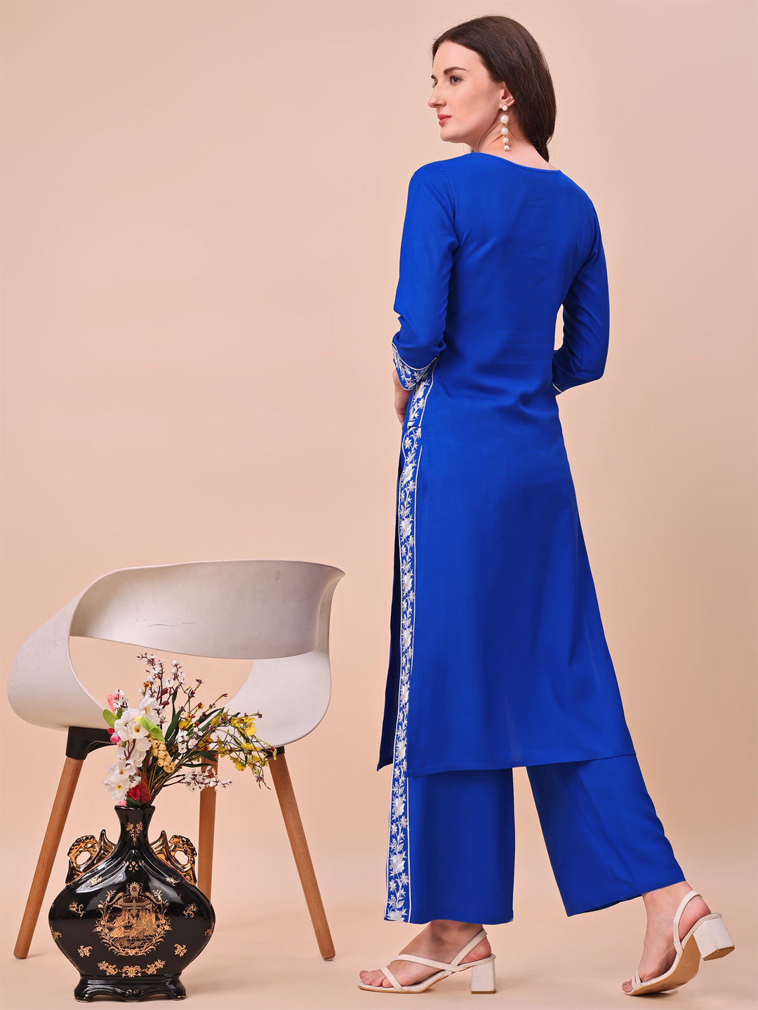Royal Blue Rayon With White Thread Embroidered Neckline & Panelled Kurta Set