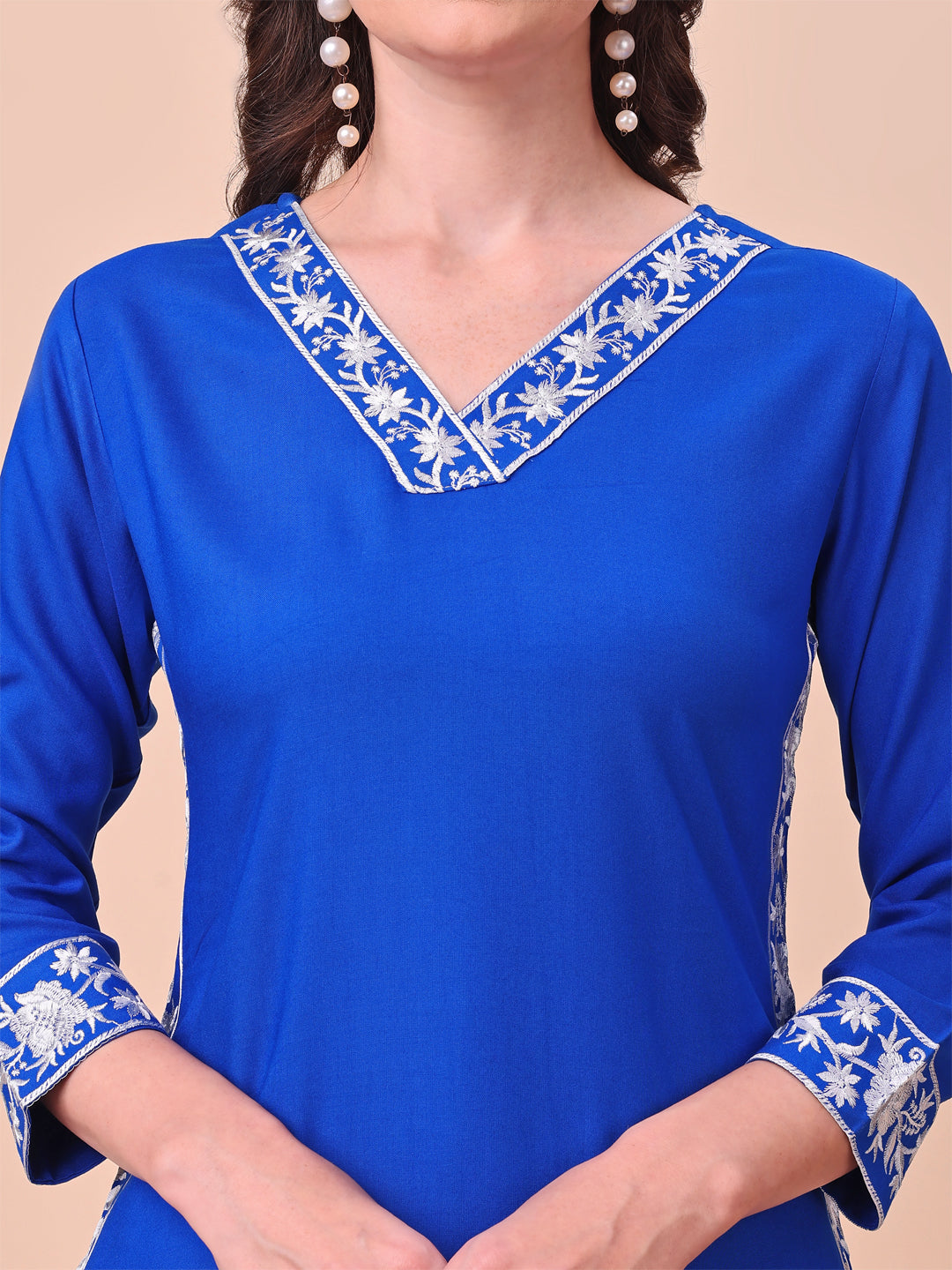 Royal Blue Rayon With White Thread Embroidered Neckline & Panelled Kurta Set