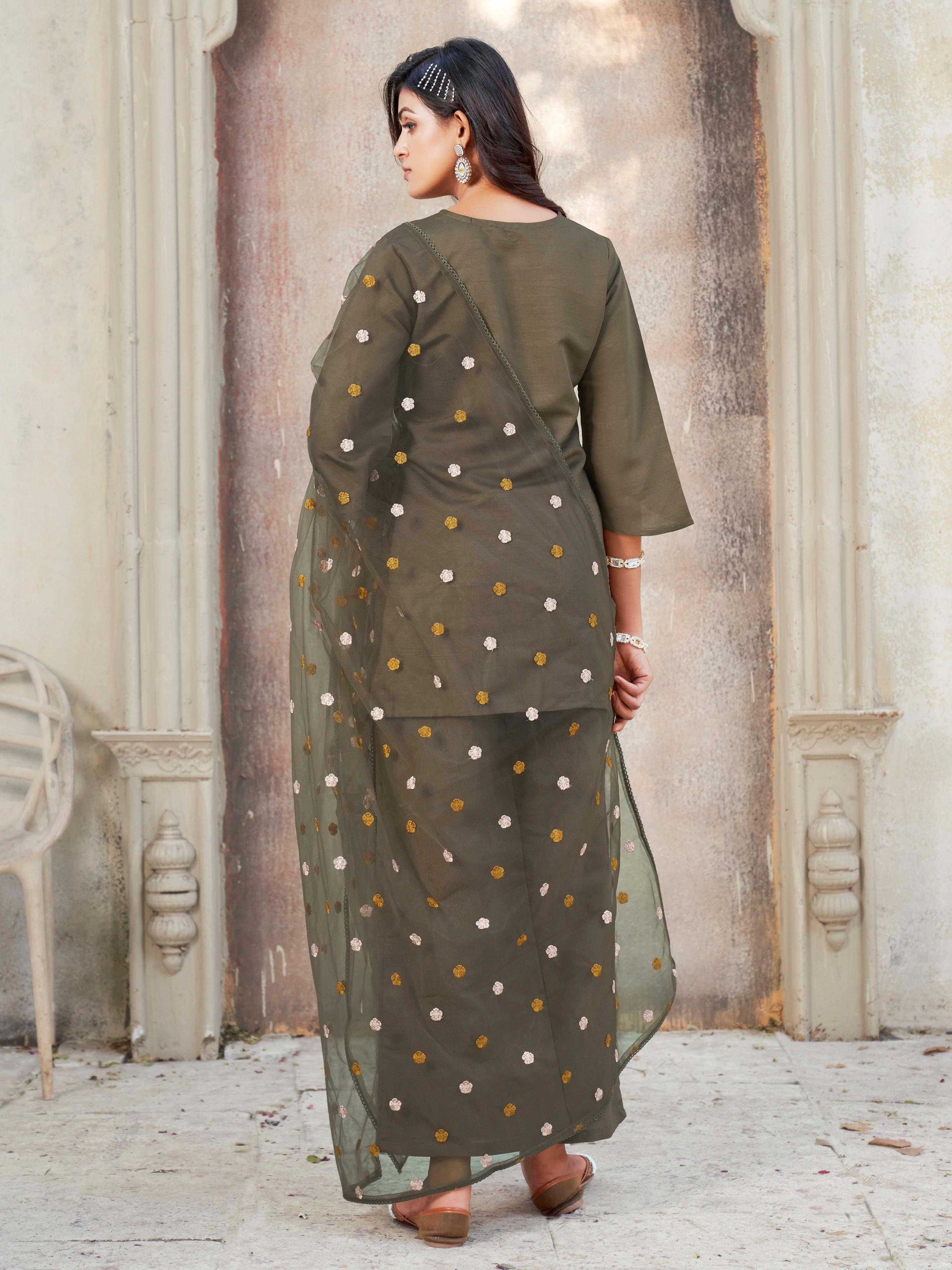 BROWN COLOR SILK BLEND WITH FLORAL THREAD EMBROIDERED V-NECK STRAIGHT KURTA SET