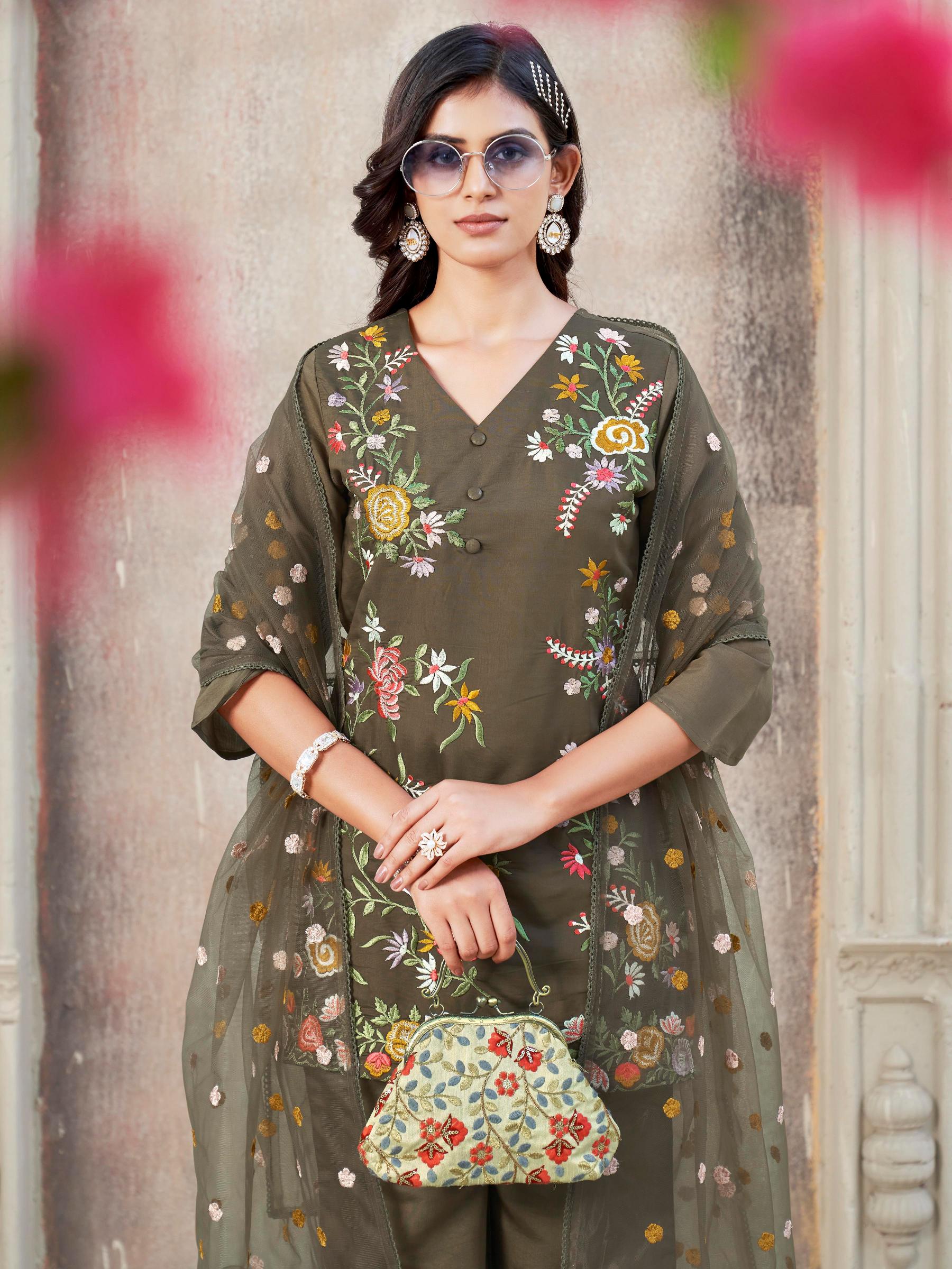 BROWN COLOR SILK BLEND WITH FLORAL THREAD EMBROIDERED V-NECK STRAIGHT KURTA SET