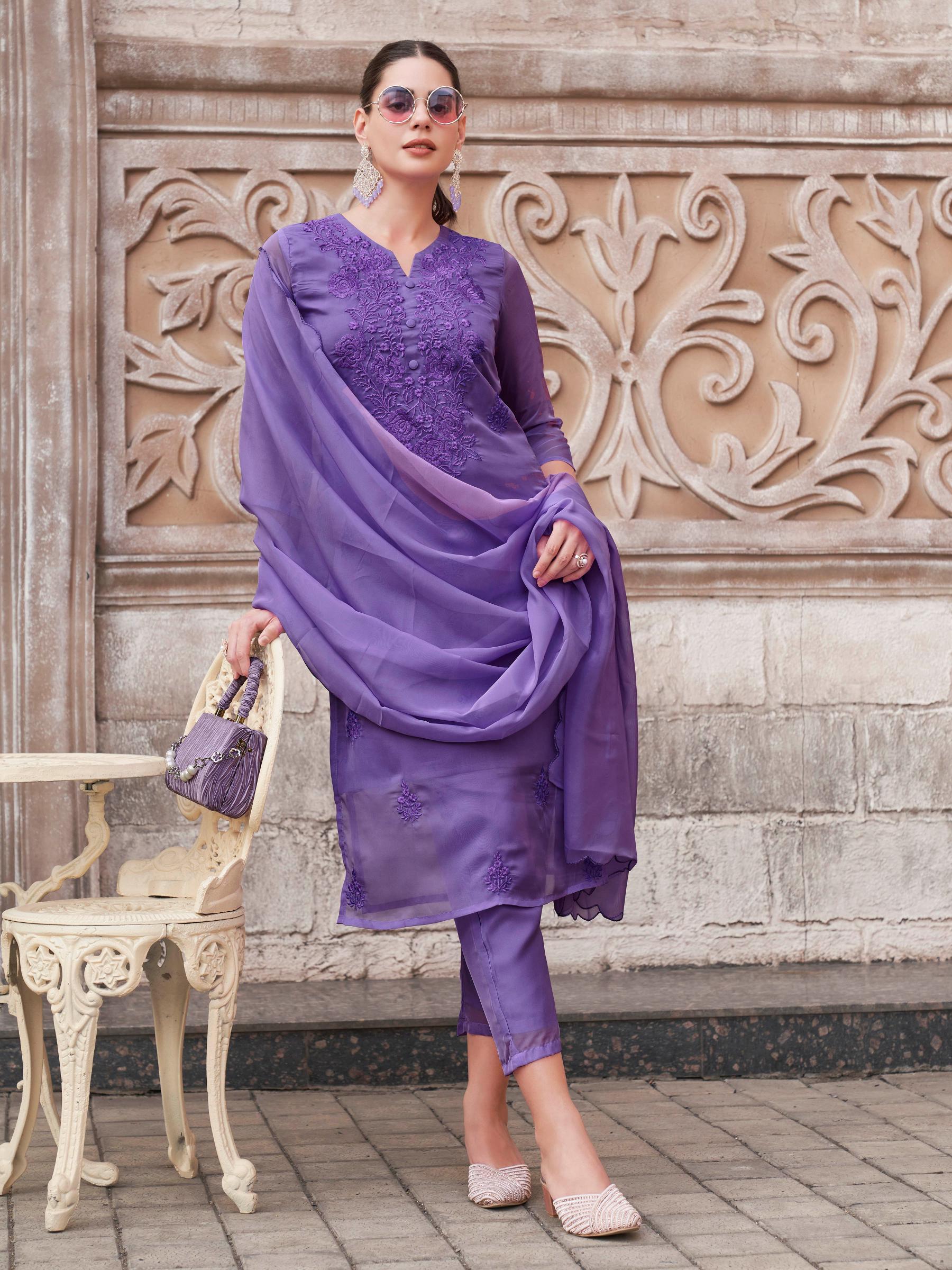 Lavender Organza With Tonal Thread Embroidery Round Neck Straight Kurta Set