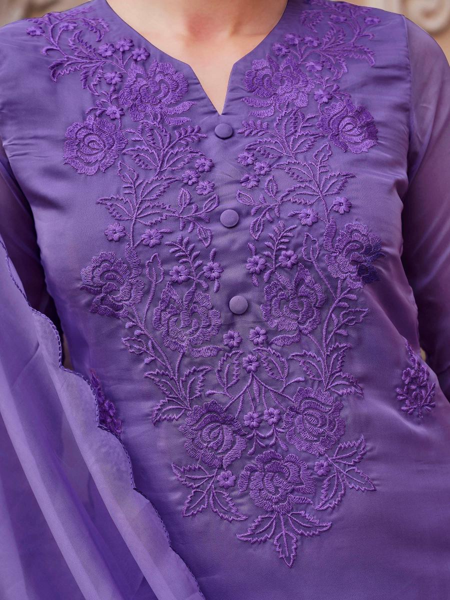 Lavender Organza With Tonal Thread Embroidery Round Neck Straight Kurta Set