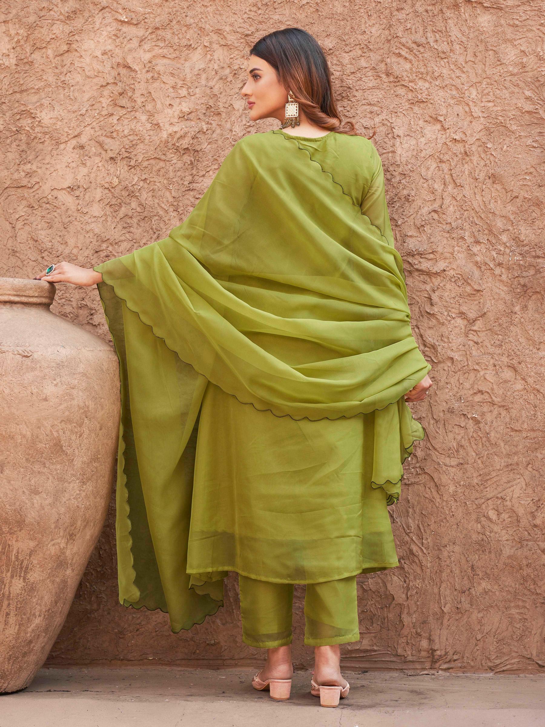 Lime Green Organza With Multi-color Embroidered A-Line Kurta Set