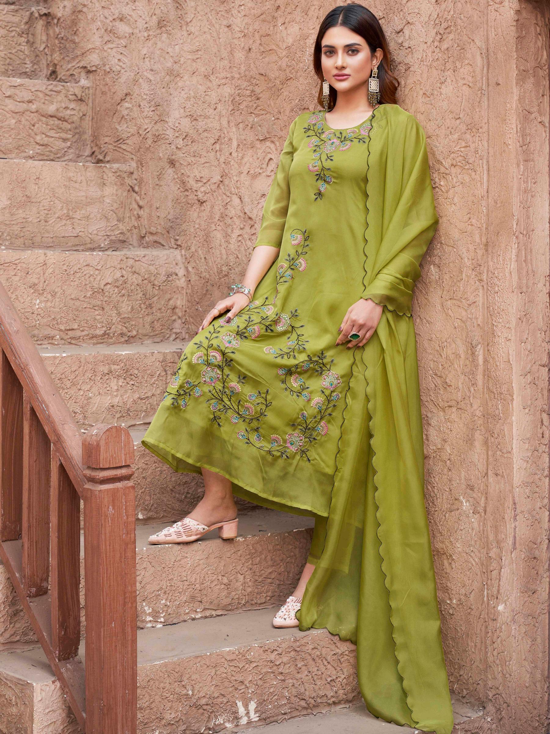 Lime Green Organza With Multi-color Embroidered A-Line Kurta Set
