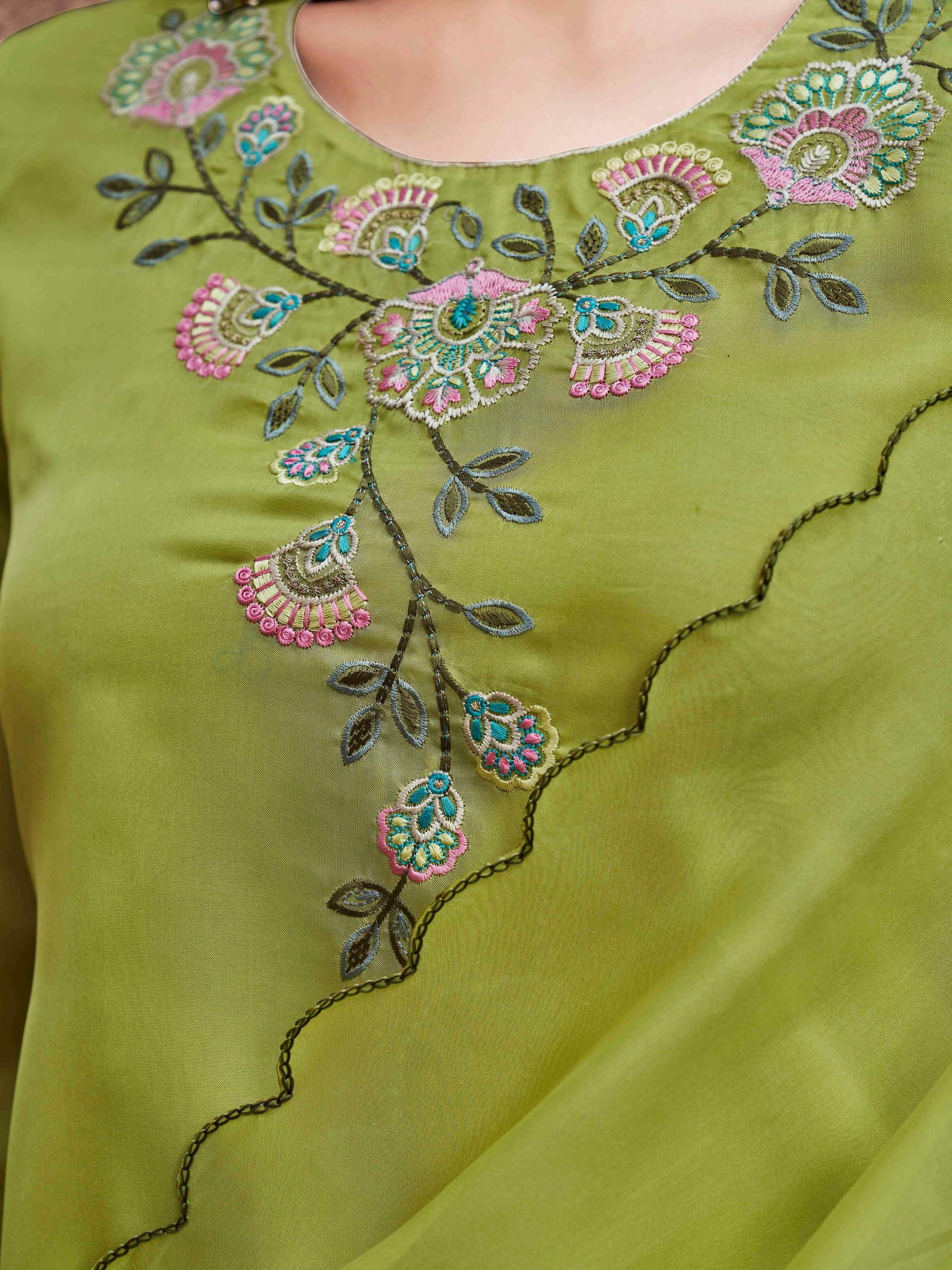Lime Green Organza With Multi-color Embroidered A-Line Kurta Set